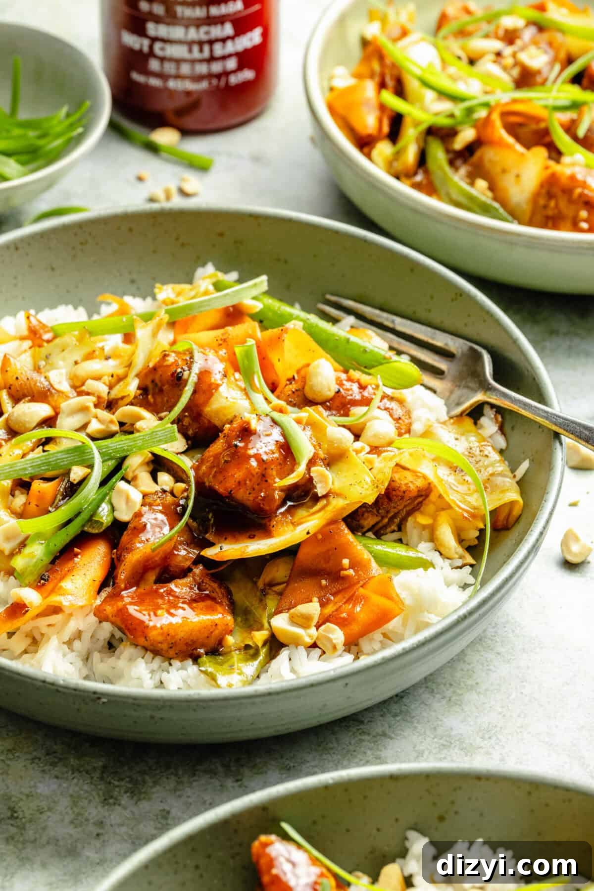 an up-close photo of a bowl of white rice and spicy Sriracha cubed chicken with peanuts and green onions