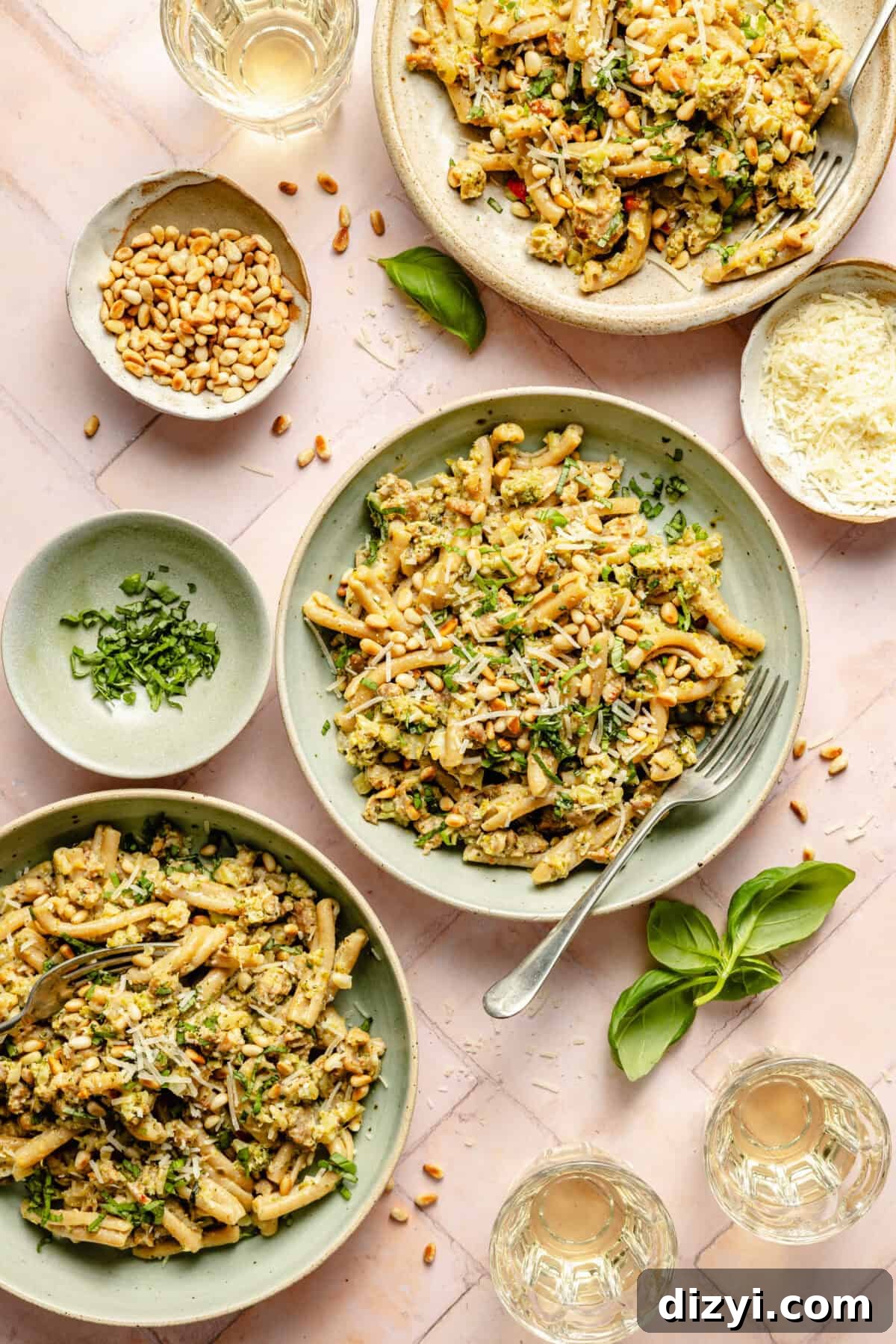 Creamy Pesto Pasta with Sausage and Broccoli 2 a few plates with cooked pasta tossed with finely chopped broccoli, pesto, spicy sausage, and fresh basil