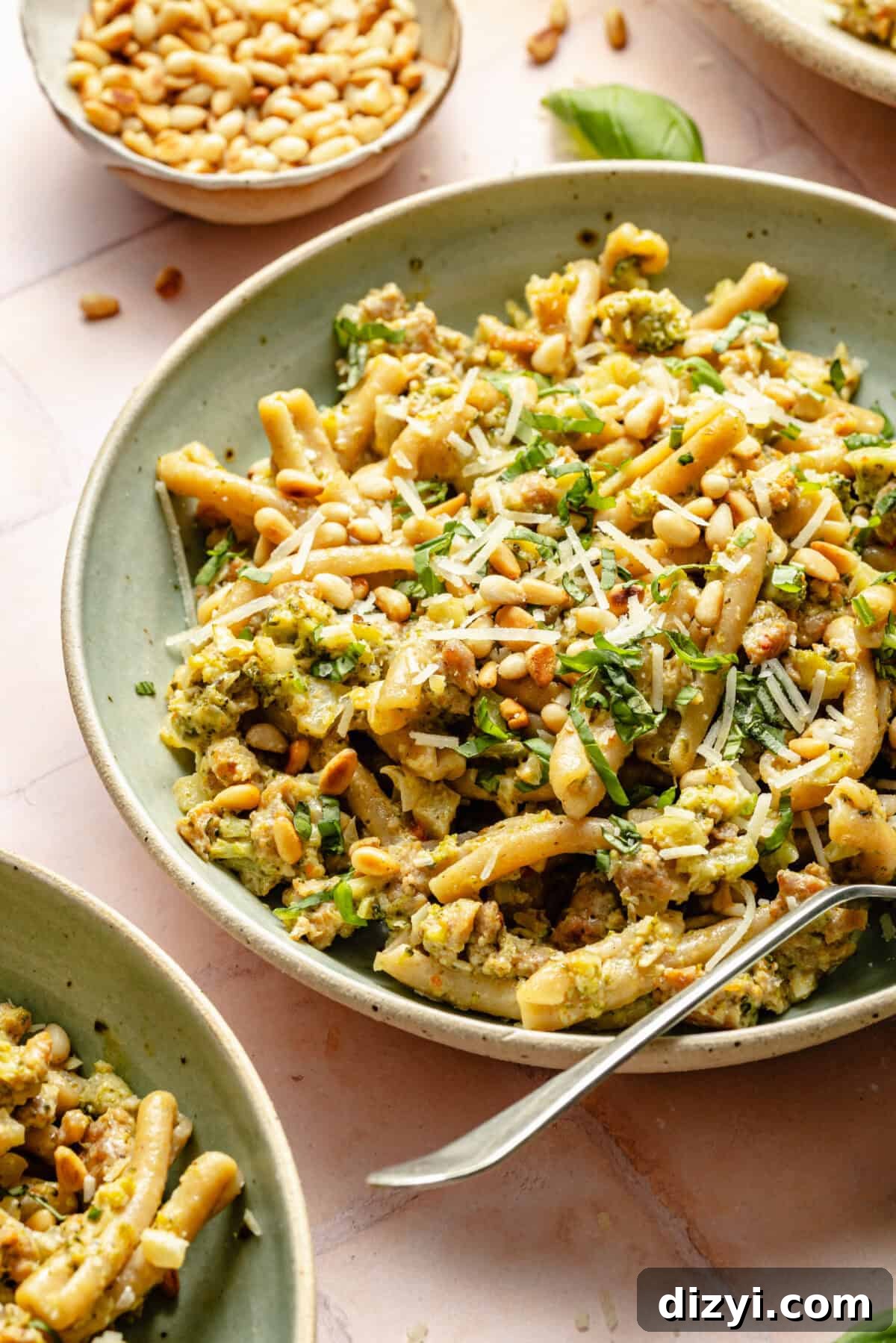 Creamy Pesto Pasta with Sausage and Broccoli 4 a close-up of cooked pasta with finely chopped broccoli, pesto, pine nuts, and cheese in a light green bowl