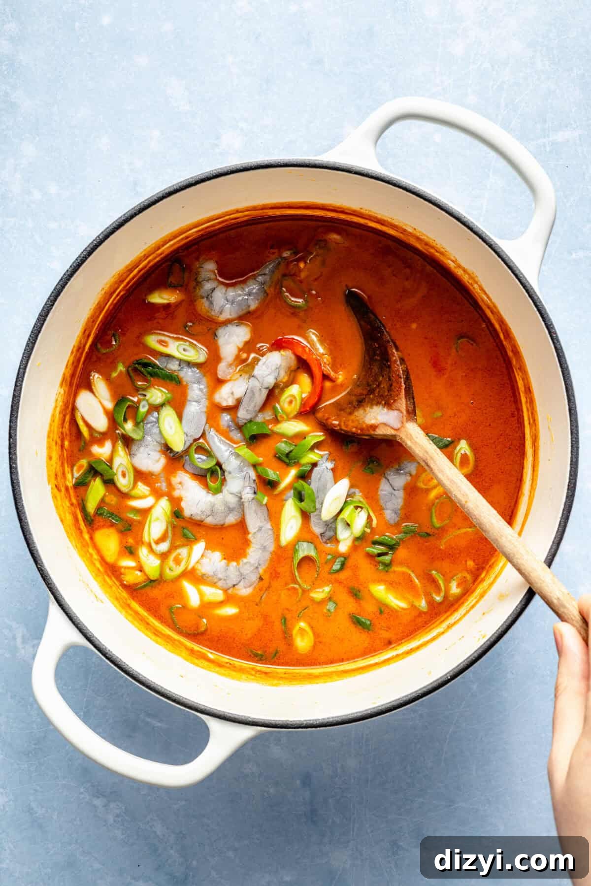 Spicy Gochujang Coconut Shrimp Noodle Soup 4 a large pot of gochujang soup with shrimp and green onions