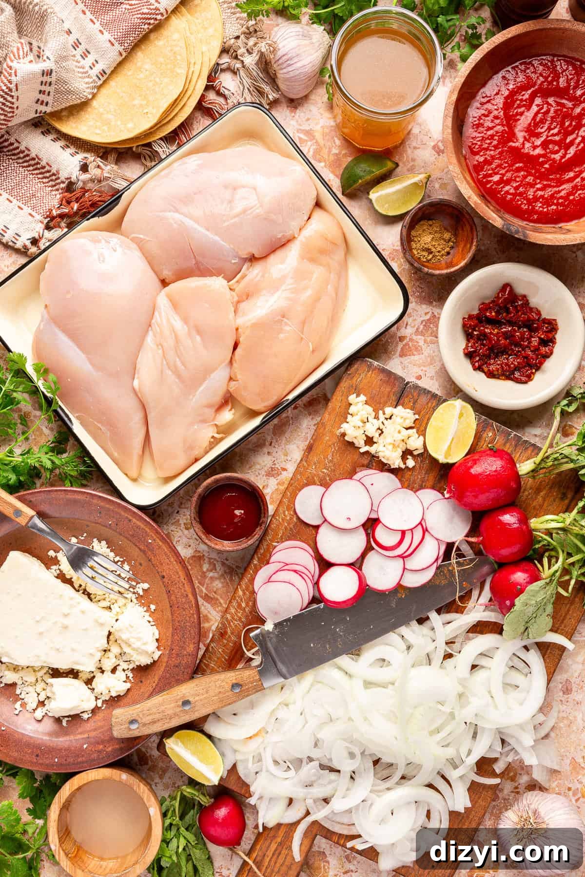 The ingredients for this dish laid out on a table: chicken breast, cotija cheese, sliced radishes, whole radishes, spices, lime wedges, and thinly sliced white onions