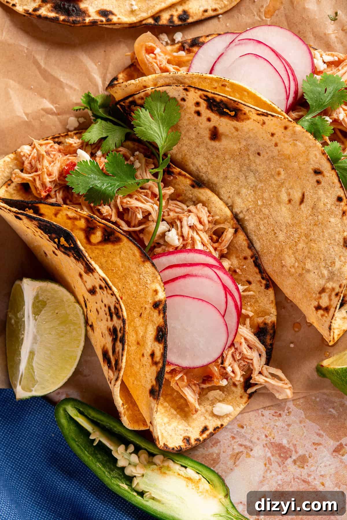 Close up of Crockpot Chicken Tinga Tacos.