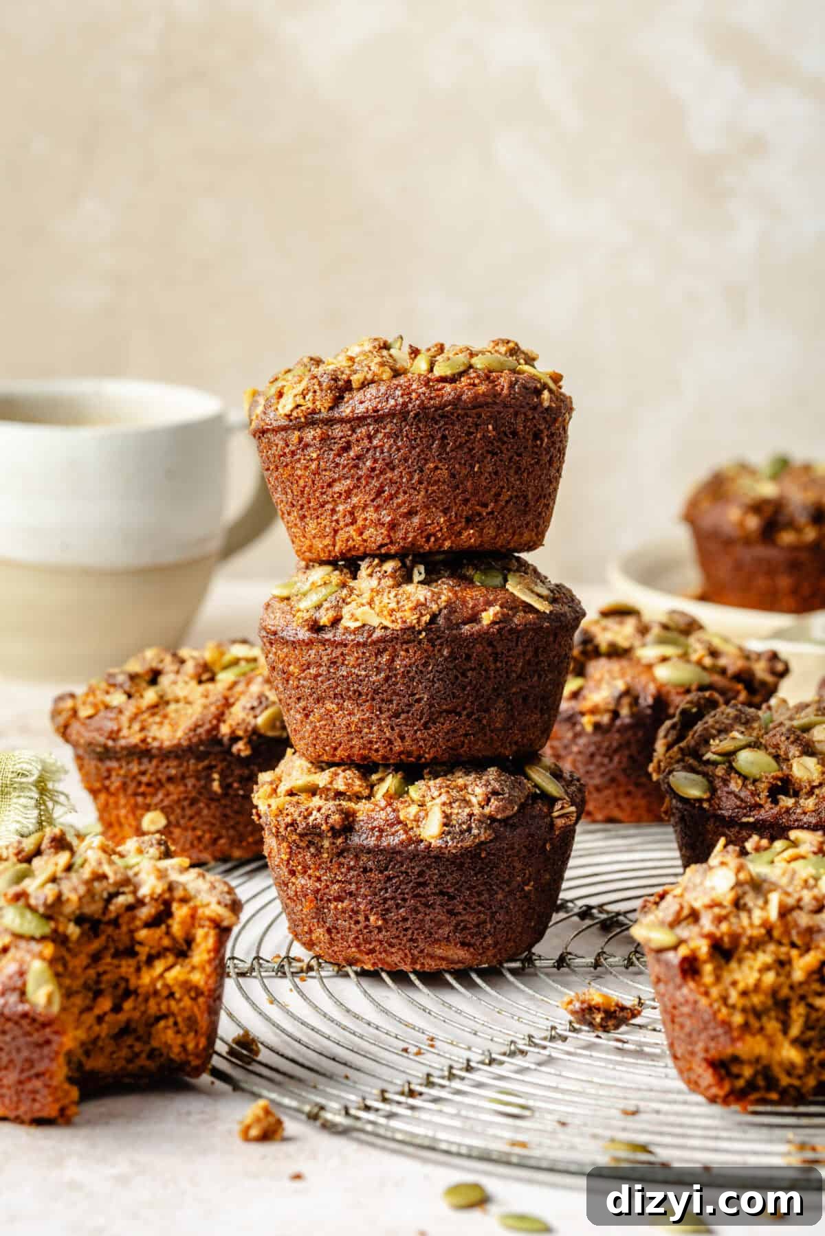 a stack of pumpkin muffins topped with pepitas and streusel on a neutral background