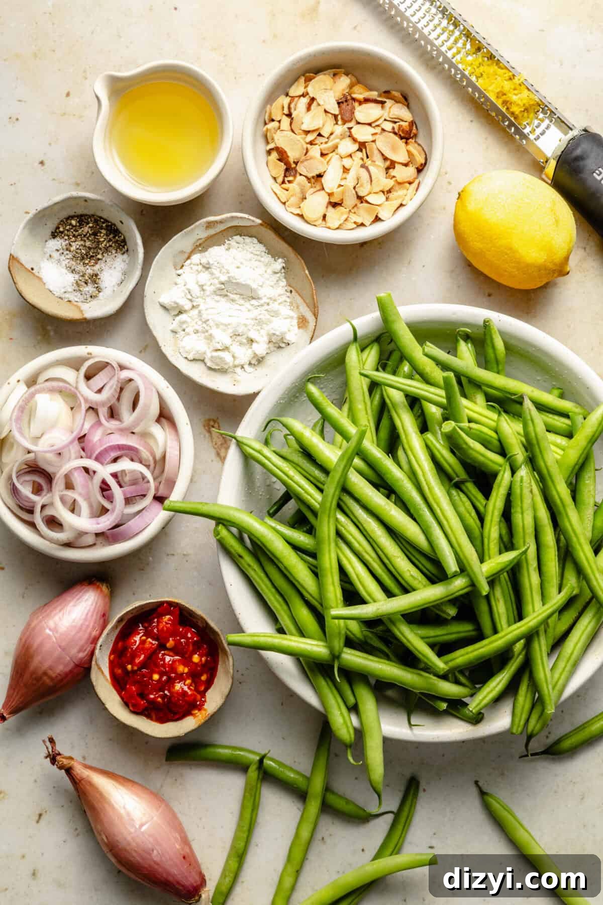 a flat-lay of ingredients with fresh green beans, shallots, almonds, lemons, and olive oil