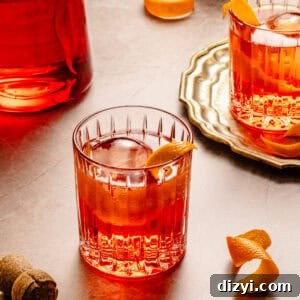 a large pitcher of a negroni cocktail with two poured cocktails in short glasses