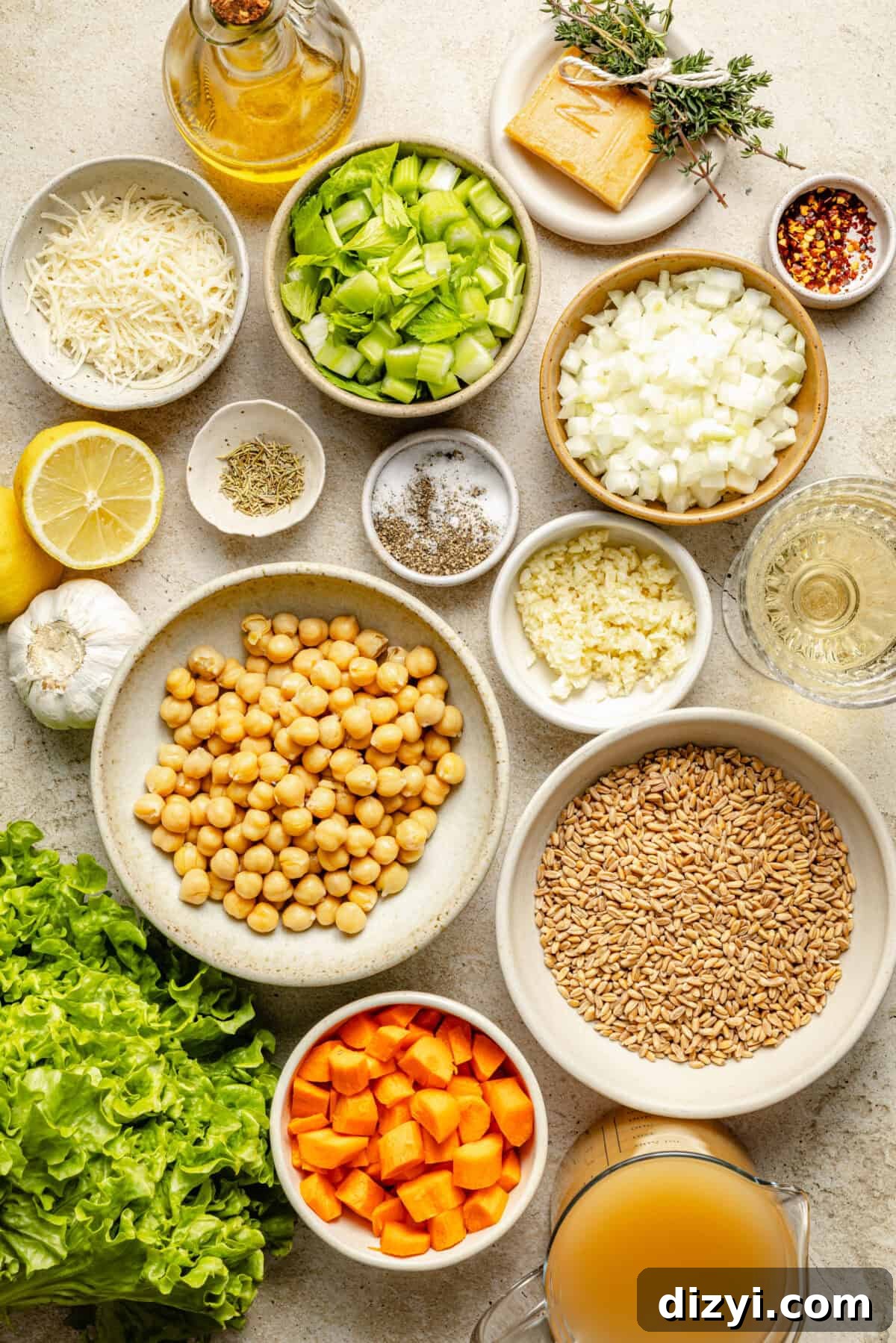 a flat lay of ingredients needed to make chickpea and farro soup
