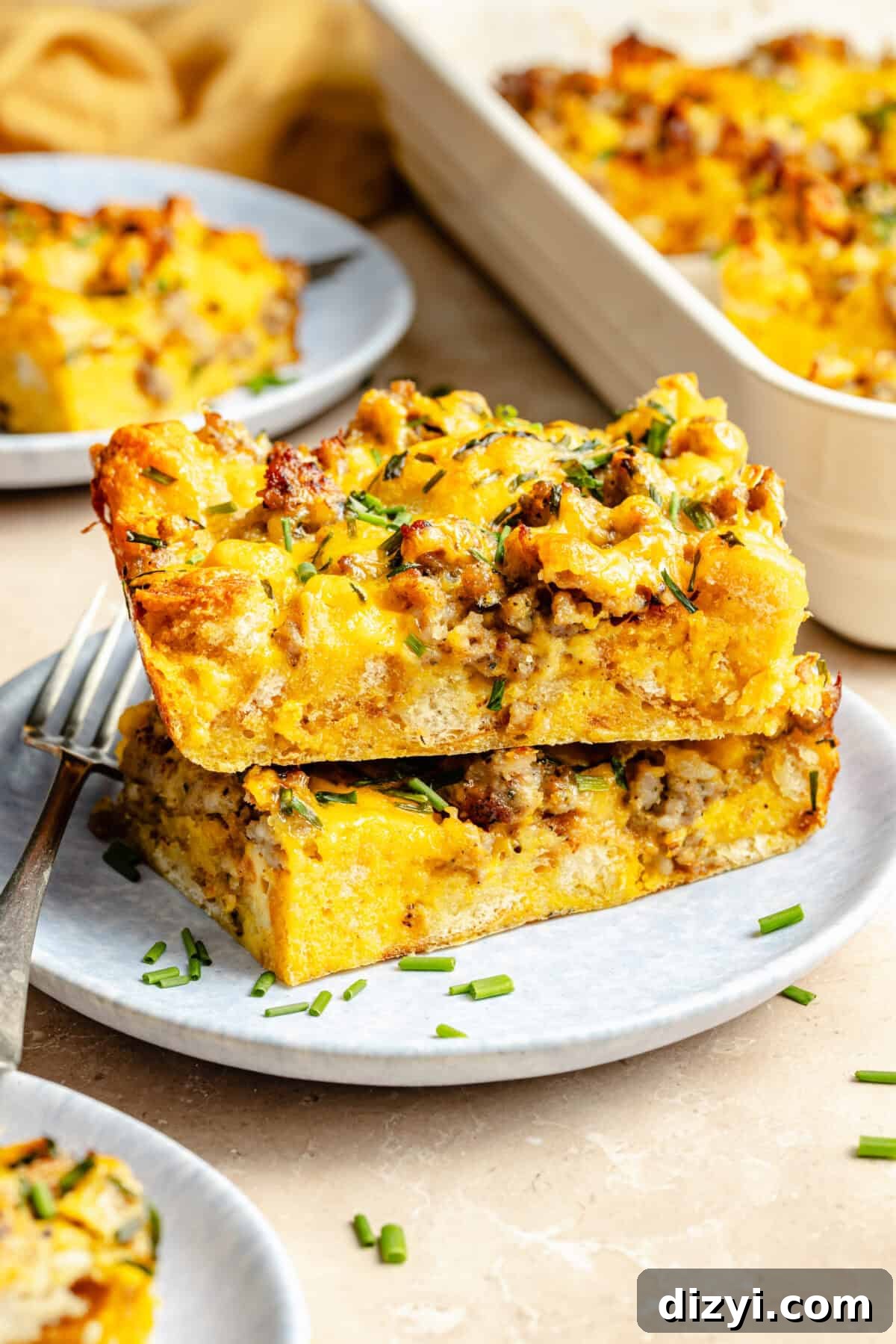 stack of sausage mcmuffin egg bake on a white plate