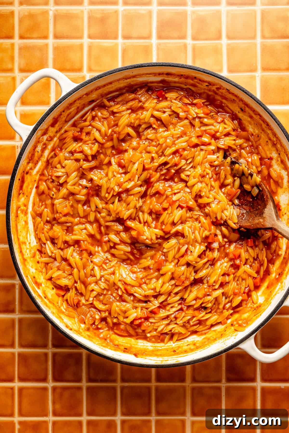 a white enameled pot with tomato orzo