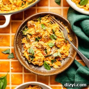 three plates of creamy tomato orzo and sausage garnished with torn fresh basil