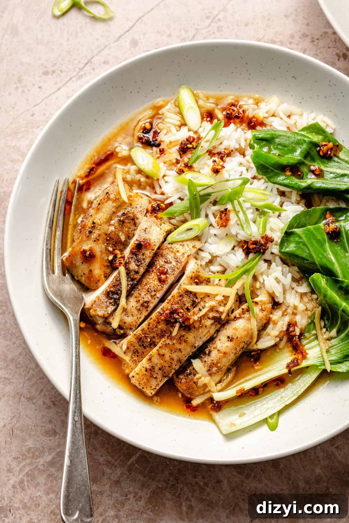 an up-close of seared chicken thighs with white rice, bok choy, and sliced scallions