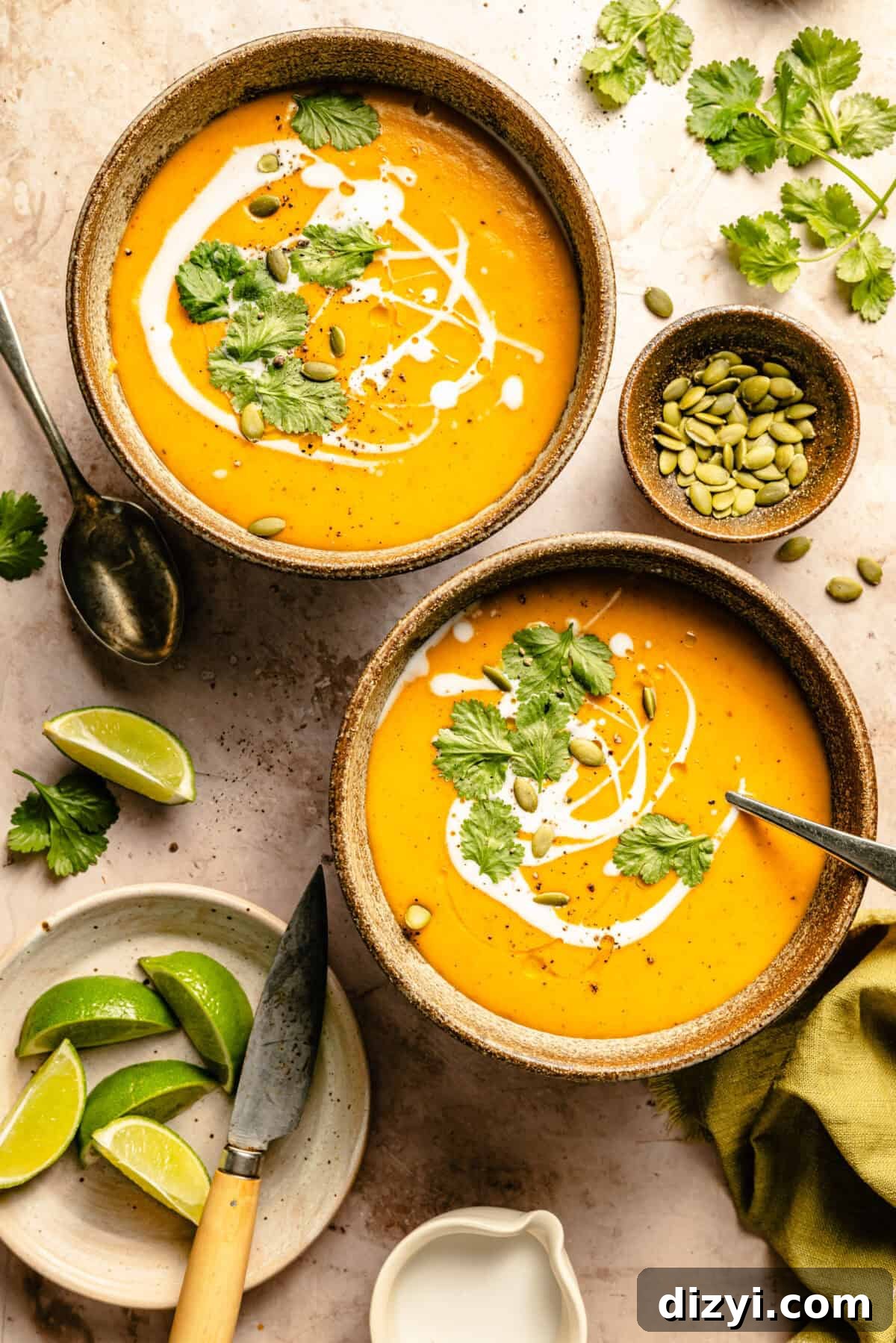 A top-down view of two finished bowls of Thai-Inspired Curry Butternut Squash Soup. The bowls are topped with cream, pepitas, and cilantro.