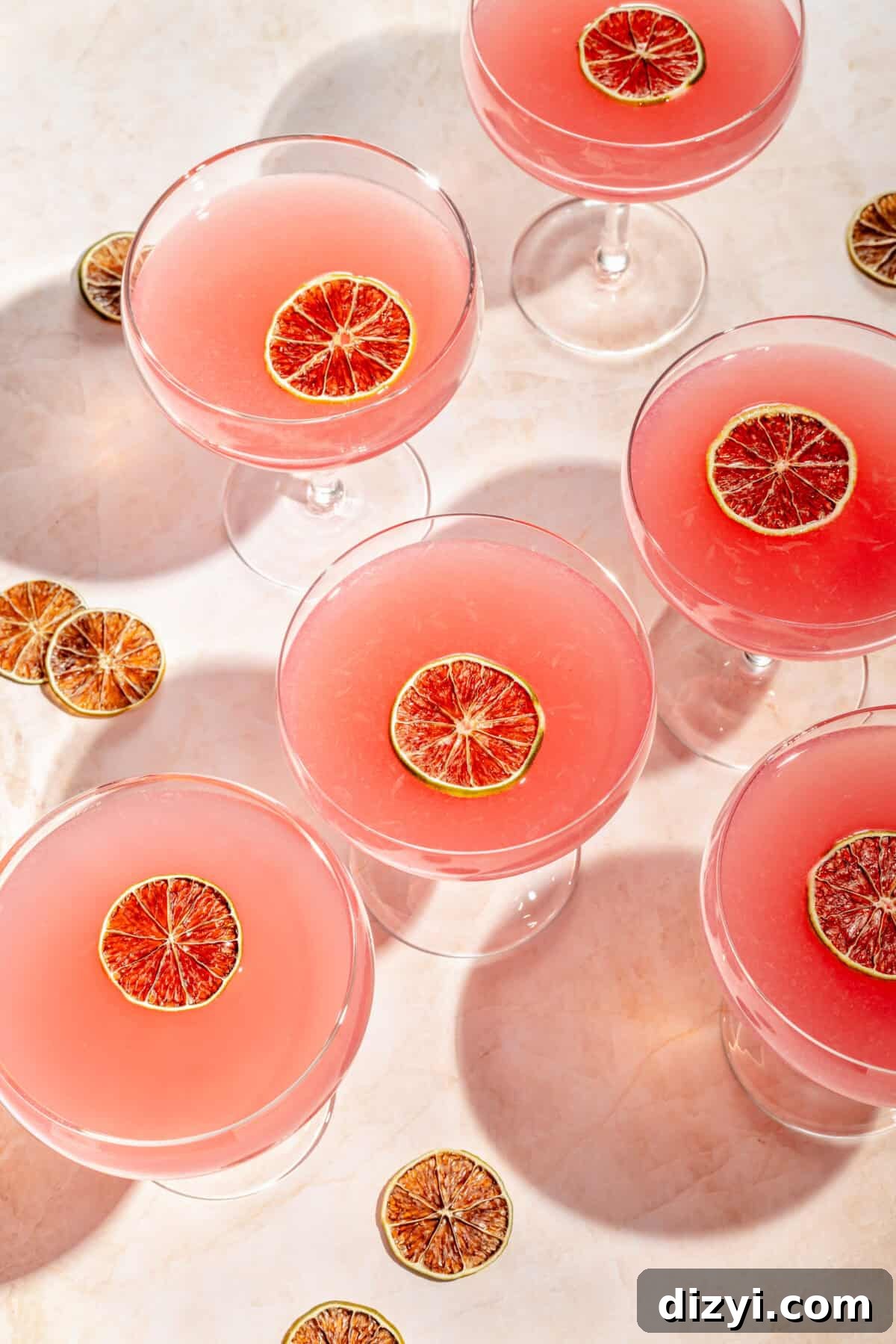 How to Batch Cosmopolitan Cocktails for a Crowd 2 an overhead photo of batched cosmopolitan cocktails in coupe glasses with dried citrus rounds