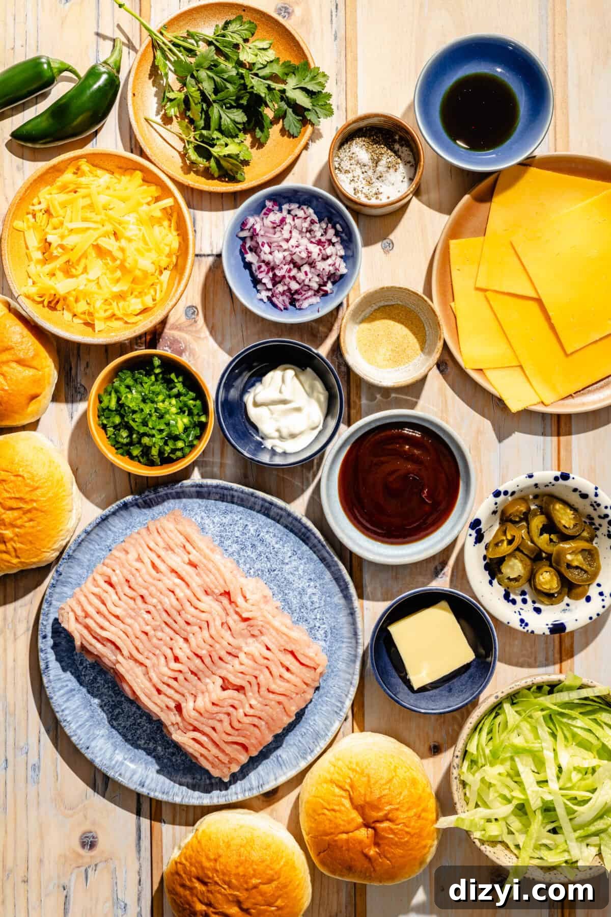 Grilled Jalapeno Cheddar Turkey Burgers Recipe 3 a flat lay of ingredients needed to make jalapeno cheddar turkey burgers