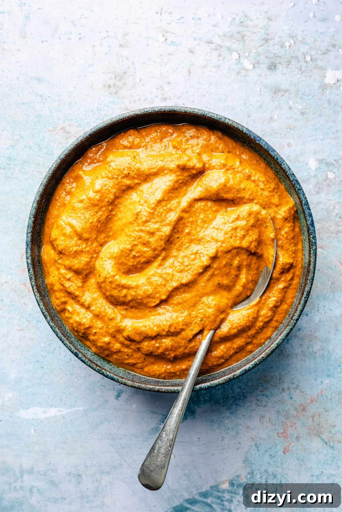 Smoky Romesco Pasta Salad with Roasted Red Peppers 4 Smoky Romesco sauce in bowl with spoon.