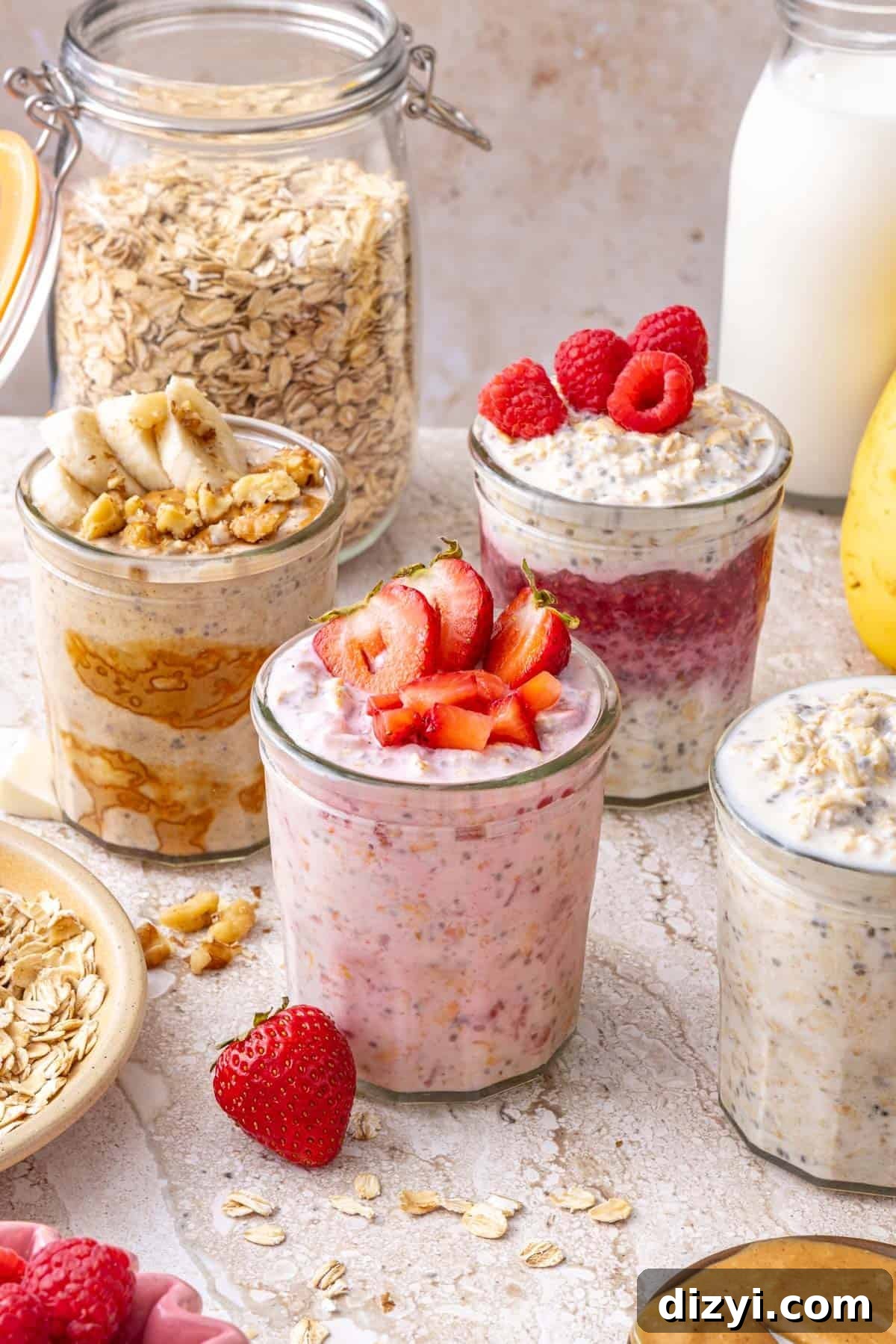 Overnight Oats Recipes: 3 Flavorful Breakfast Ideas 2 Easy Overnight Oats (3 Ways) displayed in jars with some ingredients behind them.