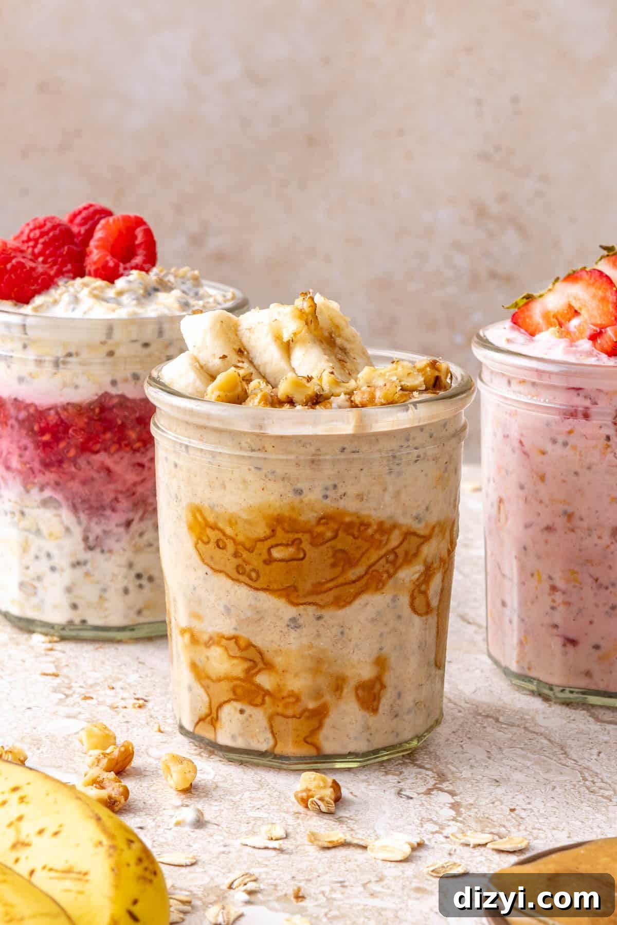 Overnight Oats Recipes: 3 Flavorful Breakfast Ideas 10 Easy Overnight Oats (3 Ways) in jars.