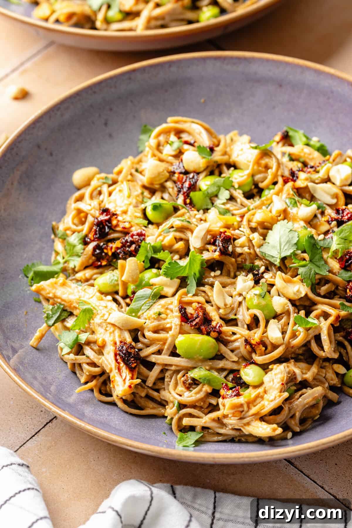 Peanut Chili Crunch Noodles in purple bowl.