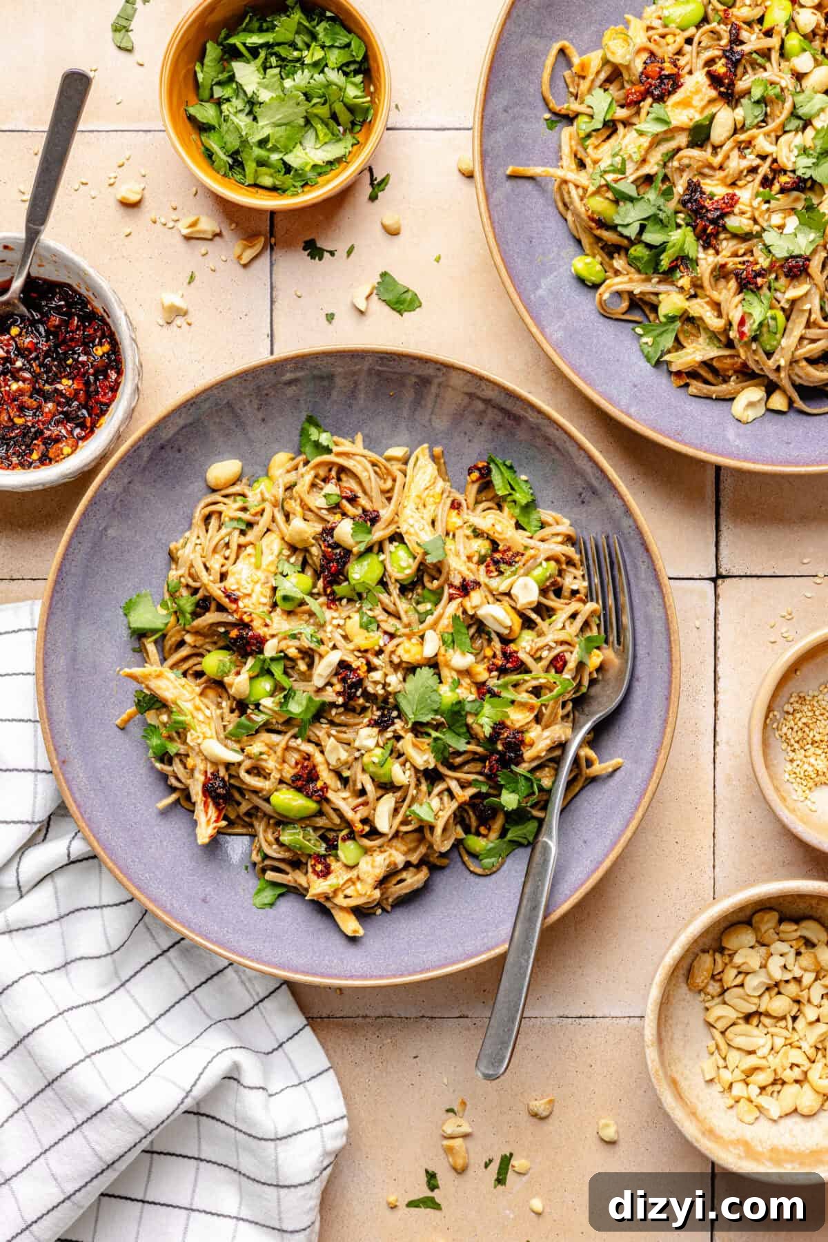 Peanut Chili Crunch Noodles in bowls with extra ingredients scattered around.