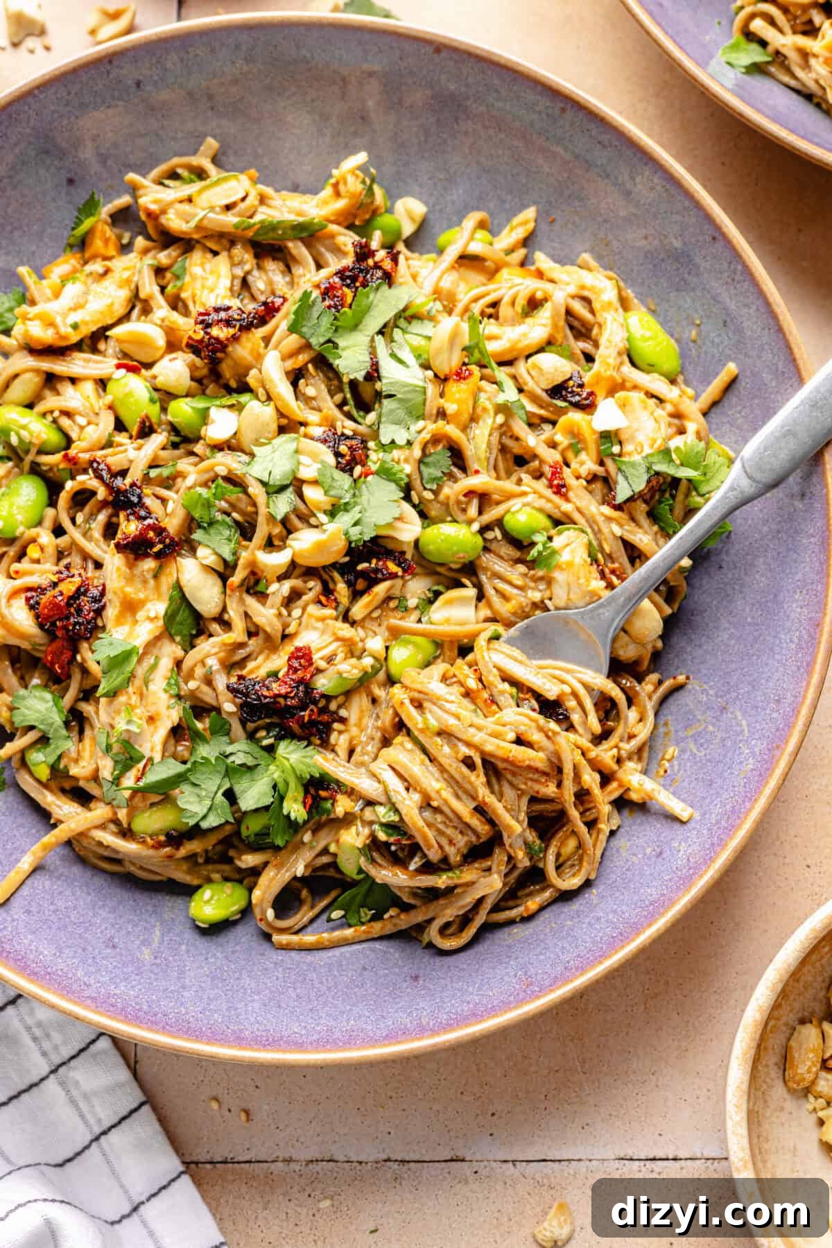 Peanut Chili Crunch Noodles in purple bowl.
