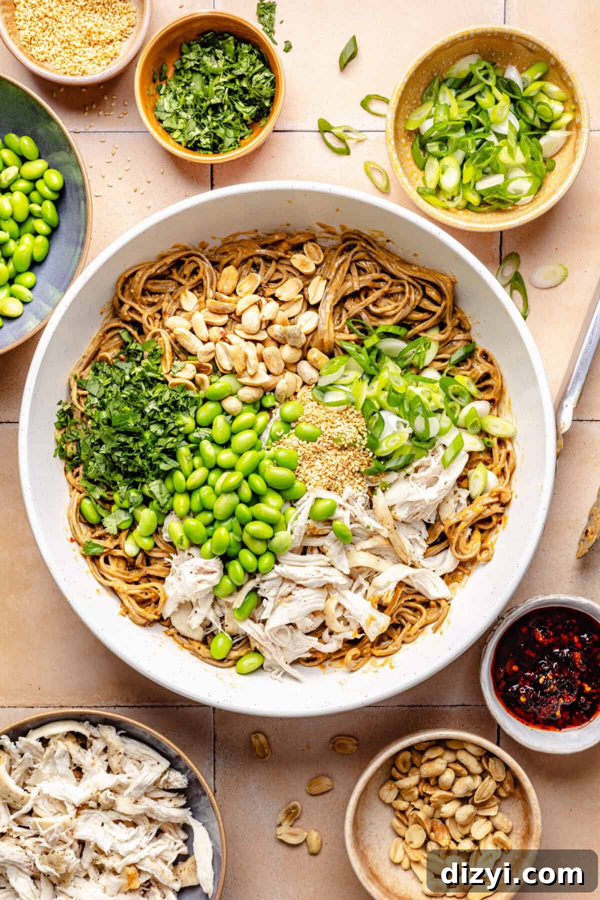 Peanut Chili Crunch Noodles ingredients in bowl before mixing.