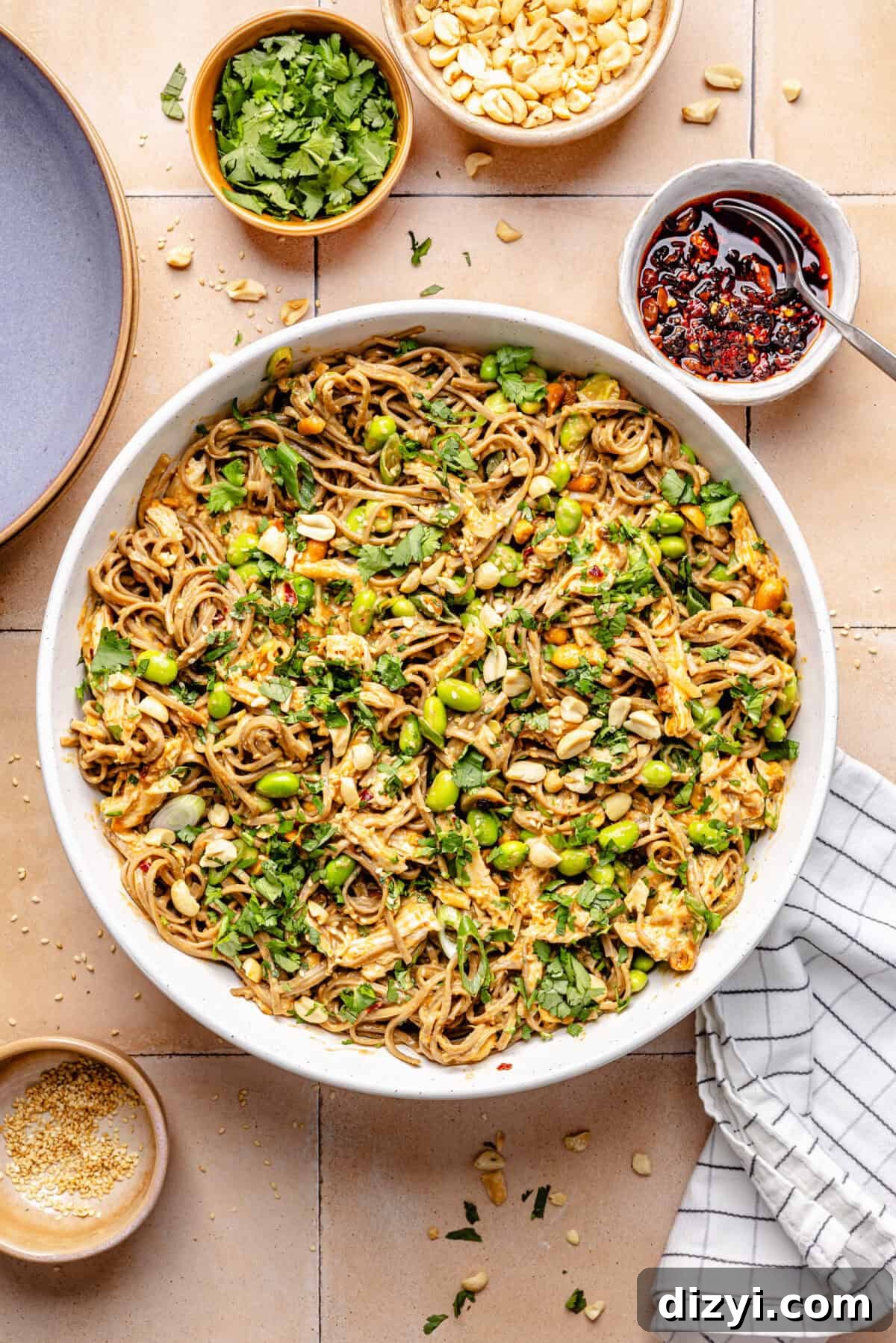 Peanut Chili Crunch Noodles in large mixing bowl.