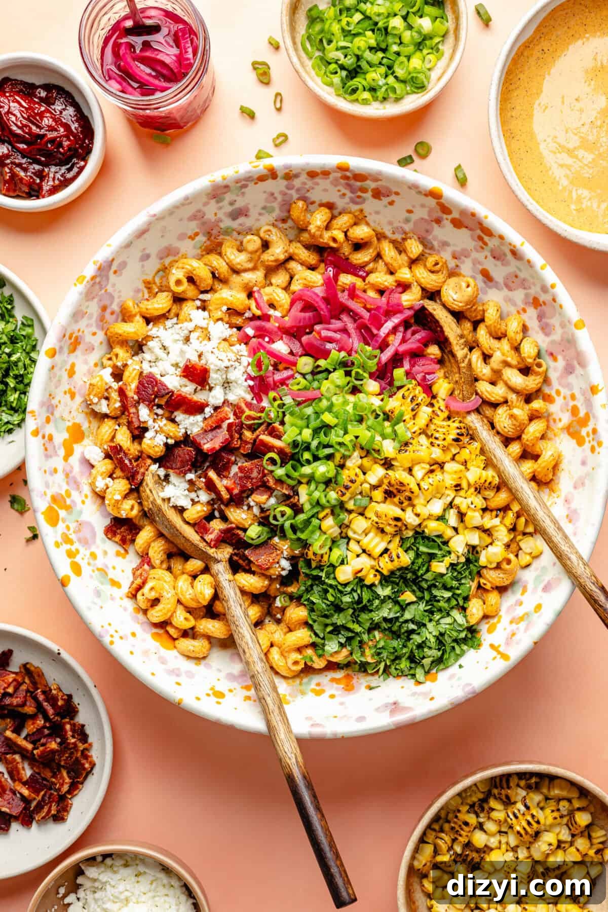 Smoky Chipotle Bacon Pasta Salad Recipe 5 Smokey Chipotle Bacon Pasta Salad in a large bowl before it is tossed with dressing.