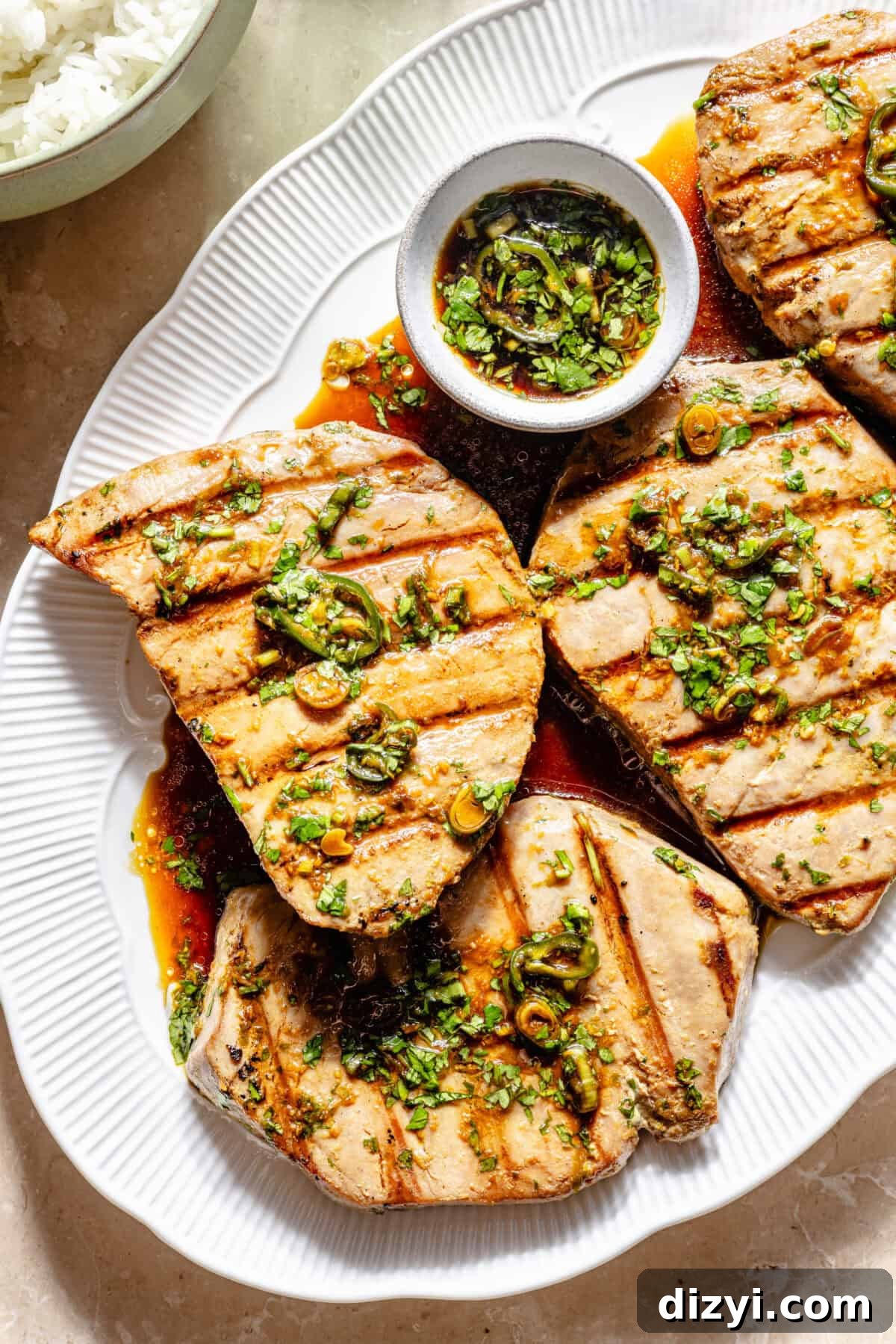 Grilled Ahi Tuna with Ponzu Lime Marinade Recipe 3 Grilled Ahi Tuna with Ponzu-Lime Marinade on platter.