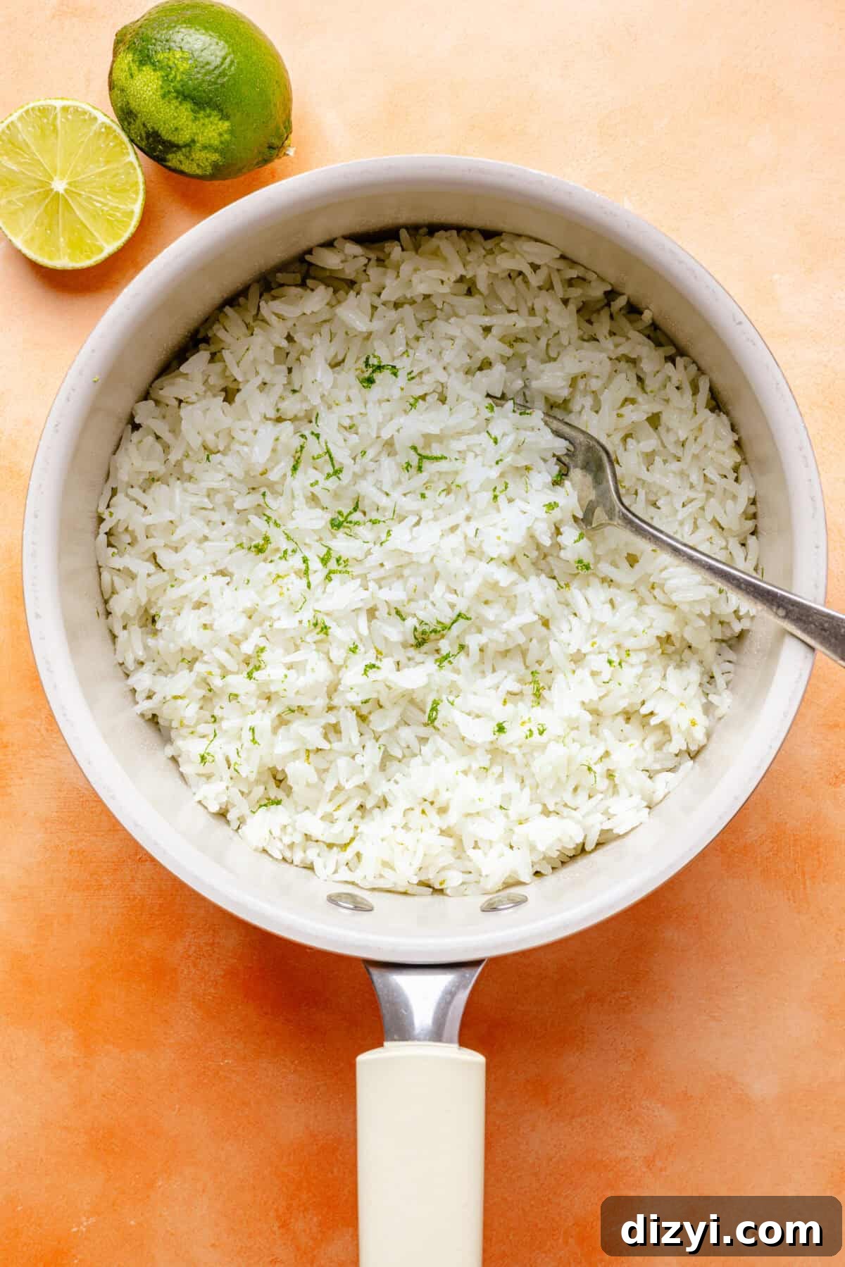 Cooked coconut lime rice in pot.