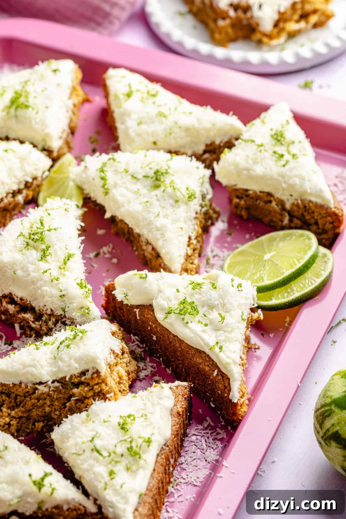 Copycat Starbucks Coconut Lime Bars on pink tray.