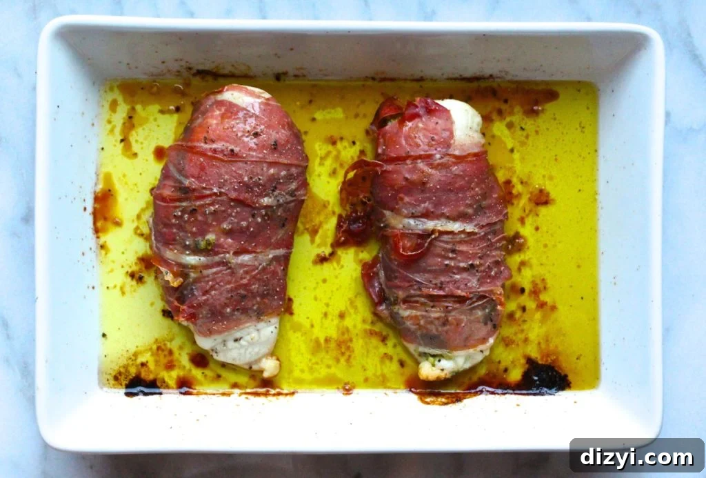 Prosciutto wrapped chicken ready to serve