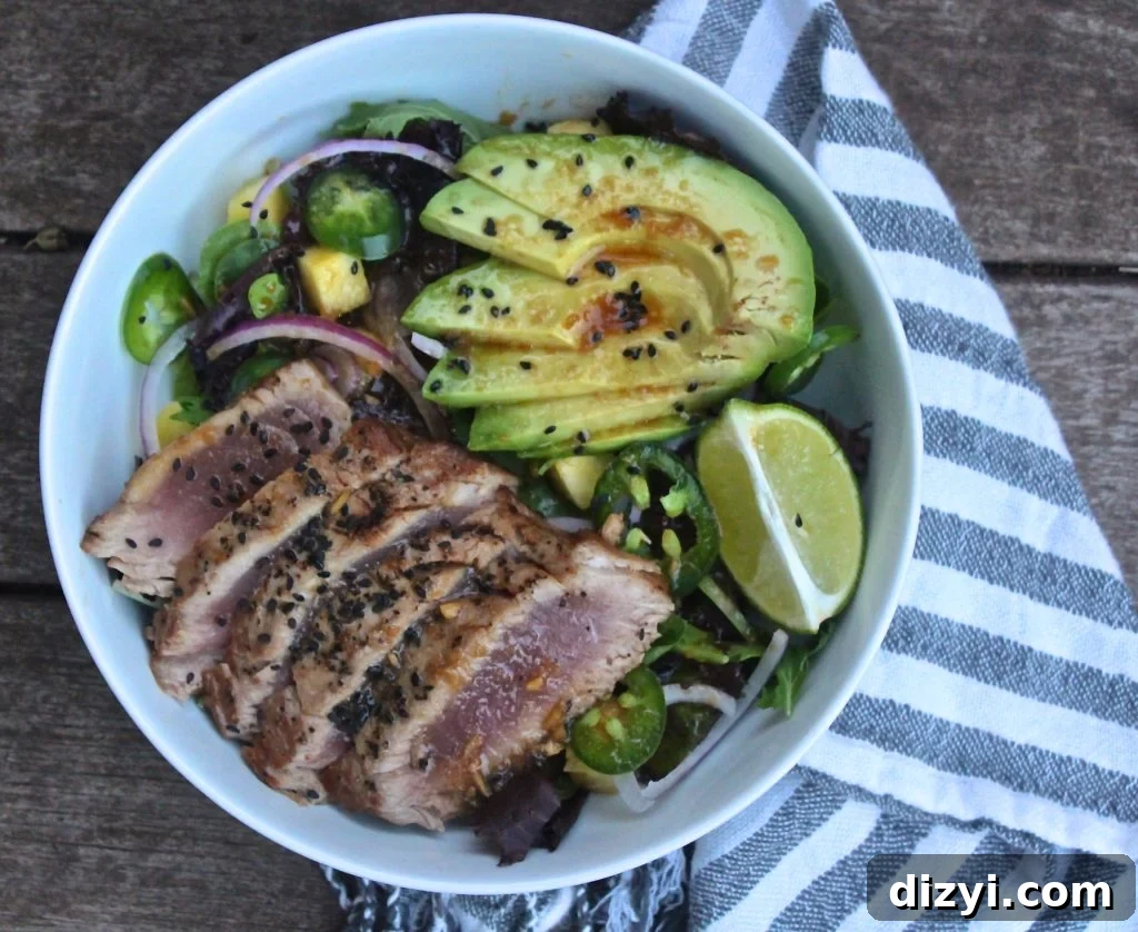 Seared Tuna Summer Salad with Avocado and Citrus 2 Seared Tuna Summer Salad with ginger sesame dressing and pineapple