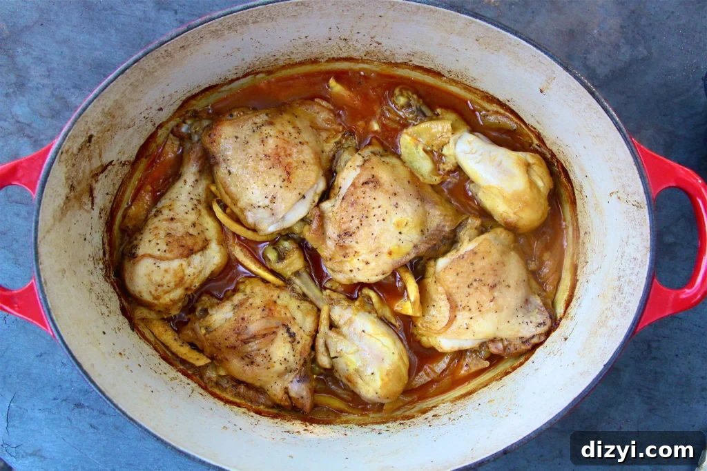 Moroccan Braised Chicken Recipe with Warm Spices 3 Braised Moroccan Chicken in pot
