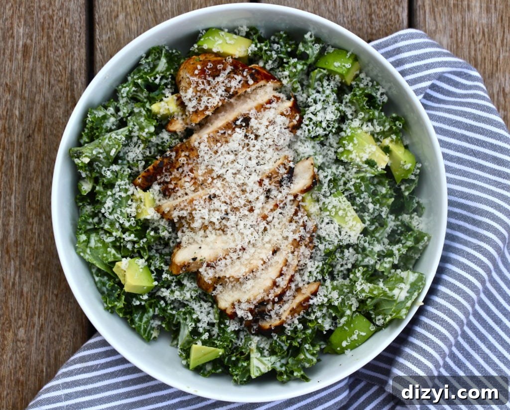 Kale Caesar Salad with chicken and avocado