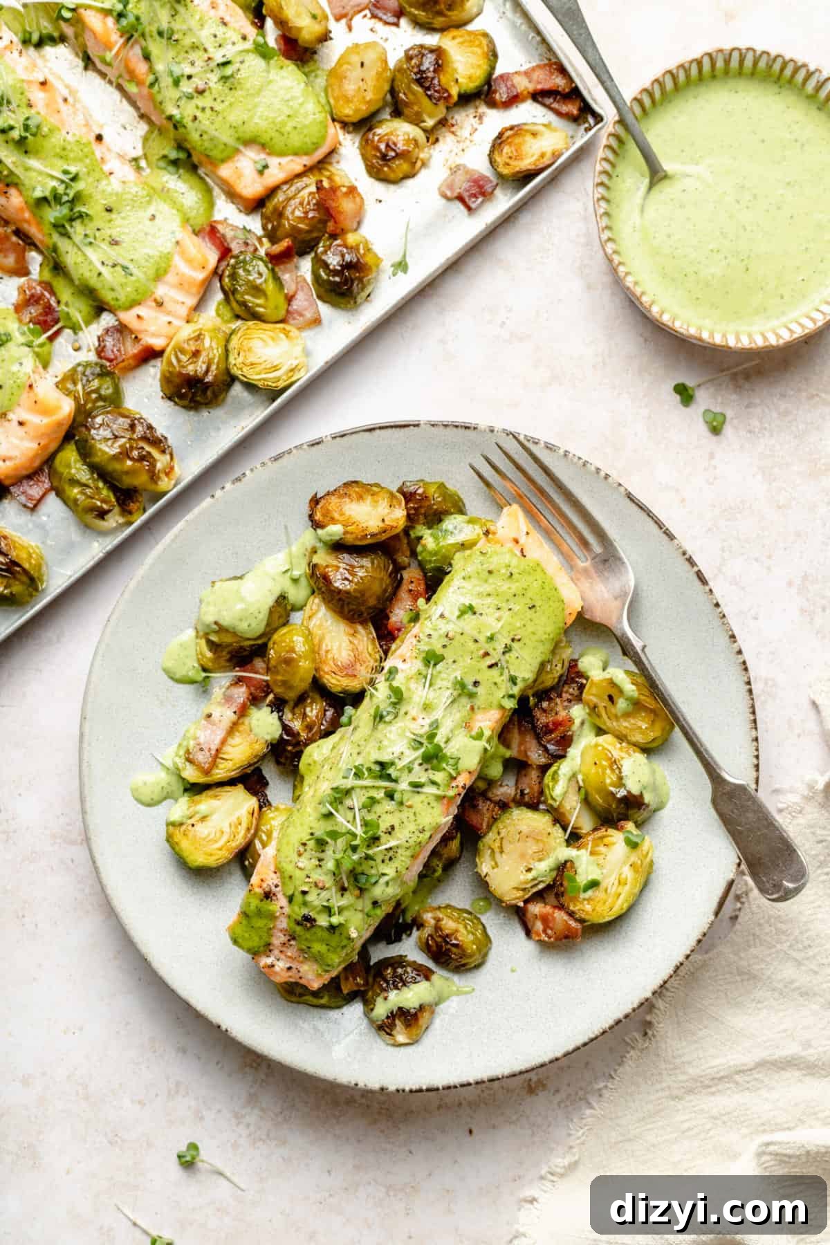 Sheet pan green goddess salmon with bacony Brussels sprouts