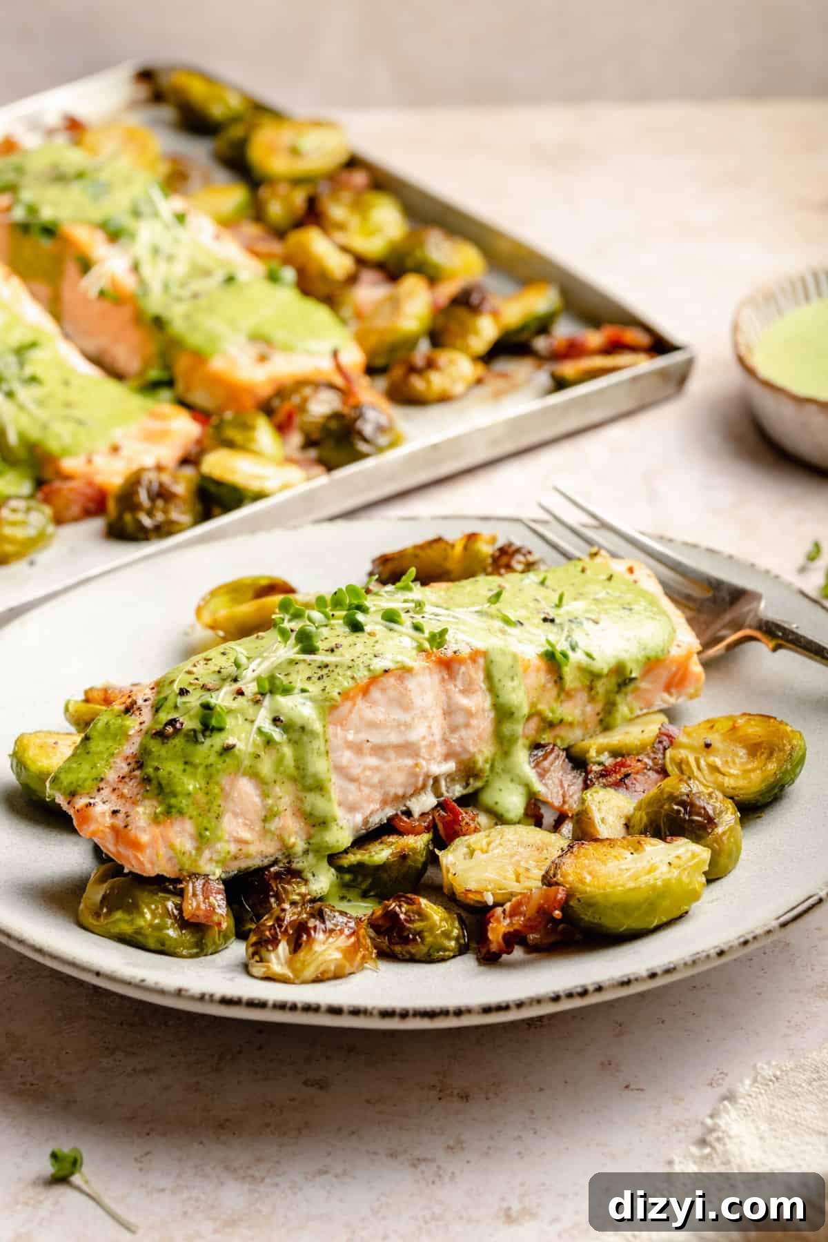 Finished sheet pan meal with green goddess dressing