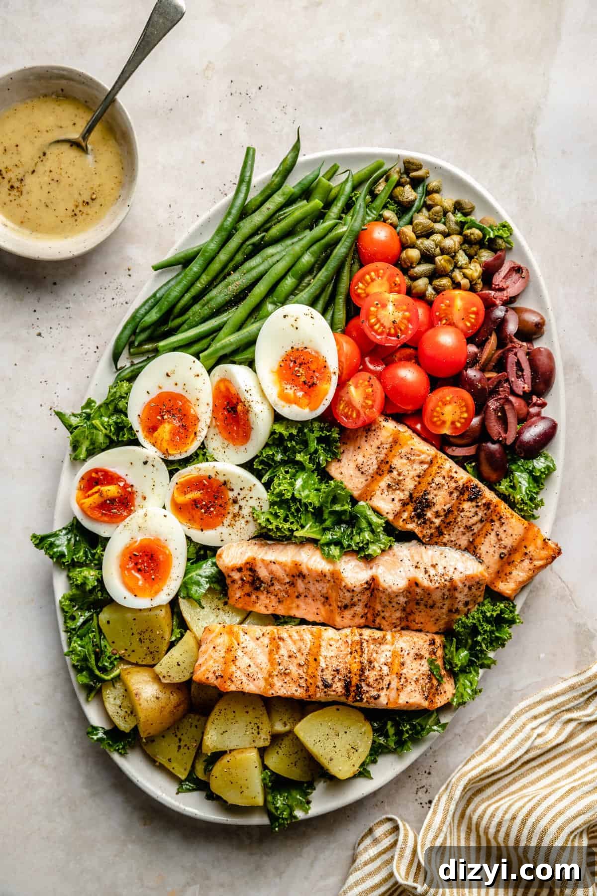 Salmon and Kale Niçoise Salad with grilled salmon and kale