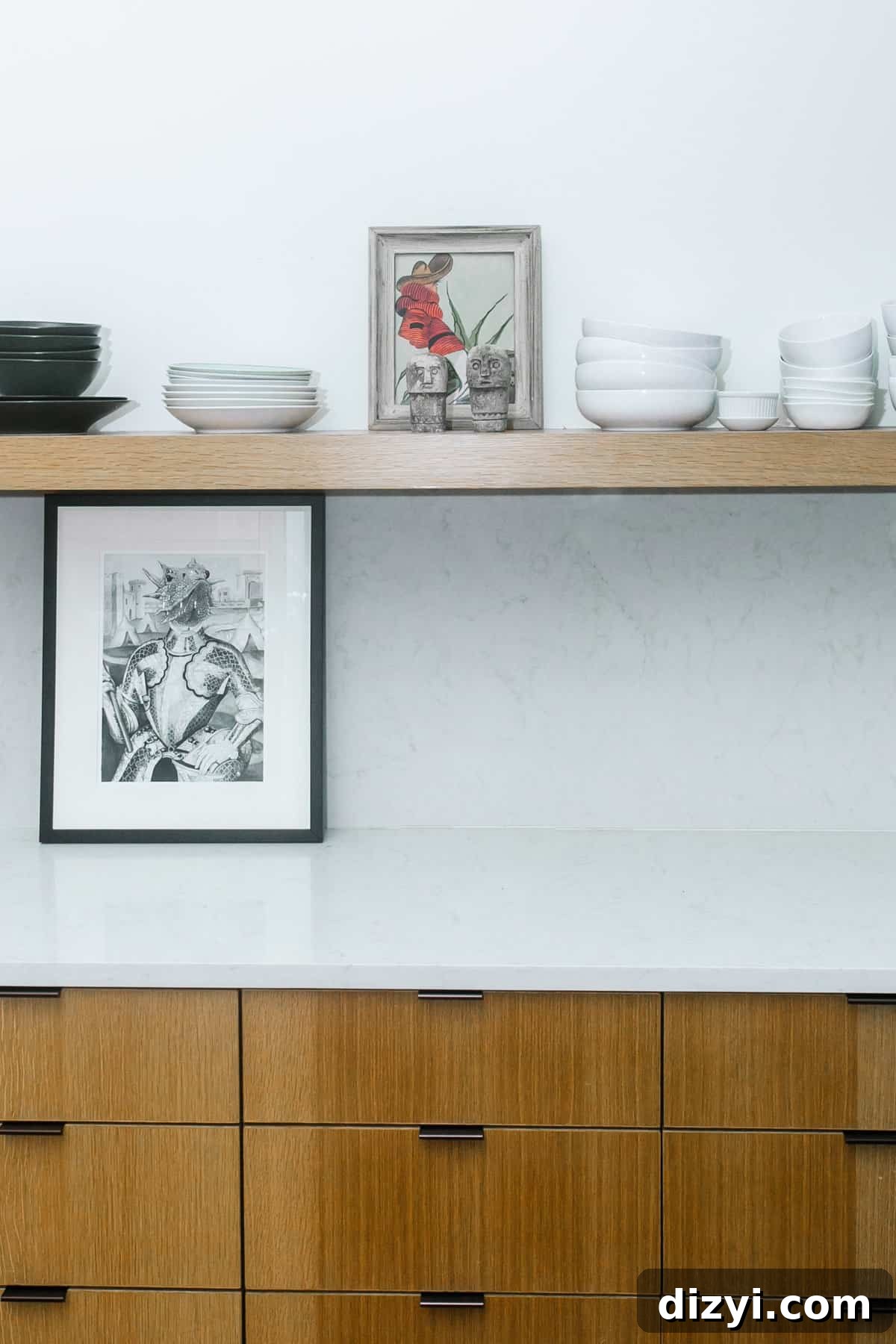 Open shelving with dishes and decorative items