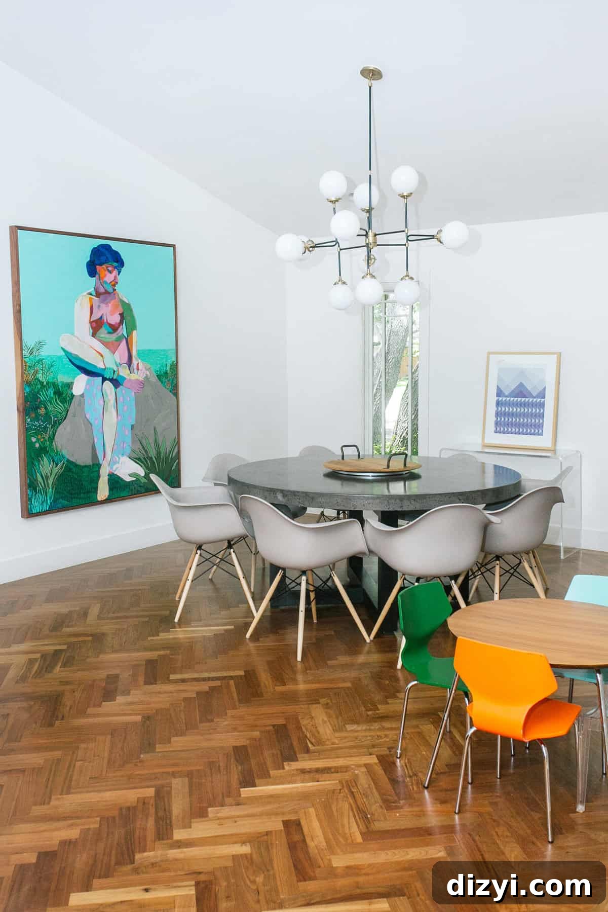 Colorful artwork in dining area