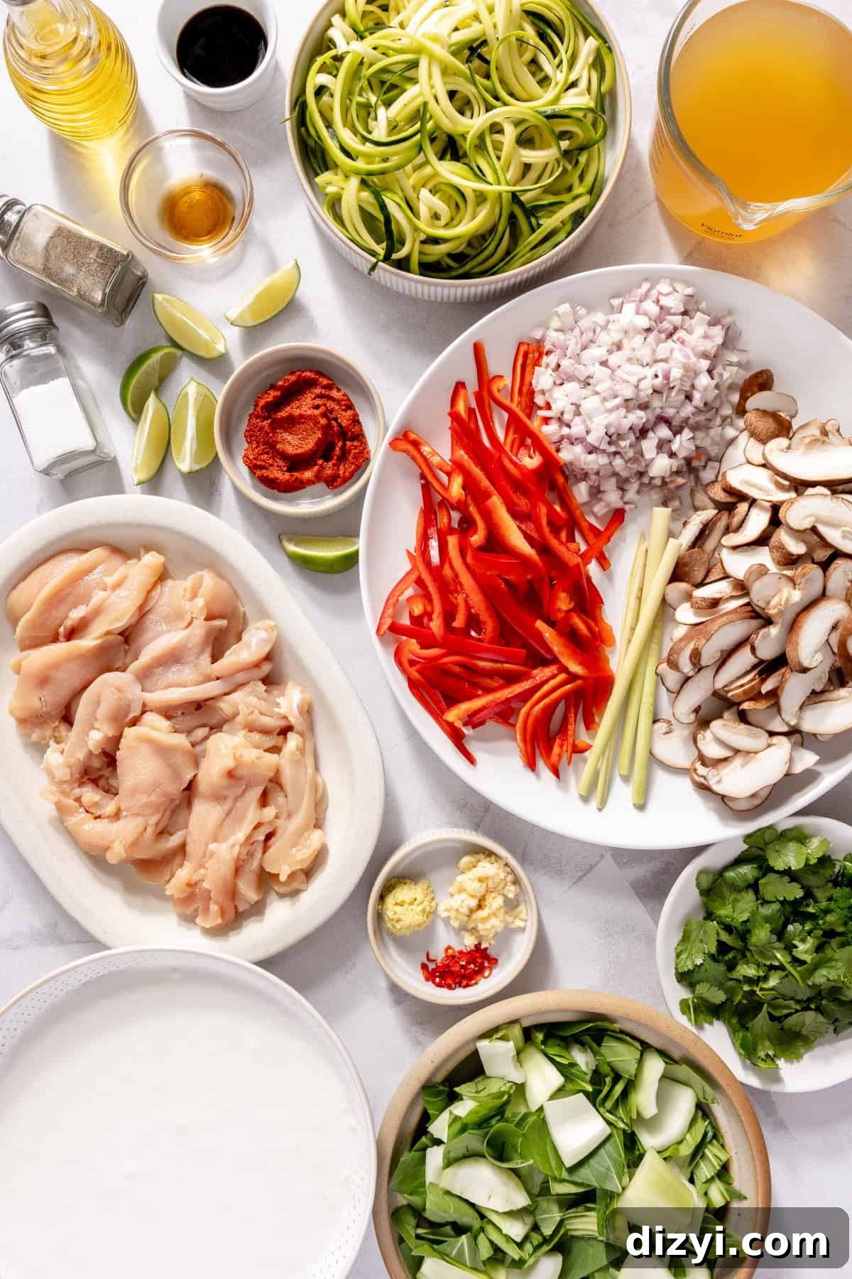 Thai Red Curry Chicken Soup with Zucchini Noodles 4 Thai-Inspired Red Curry Chicken Zoodle Soup ingredients.