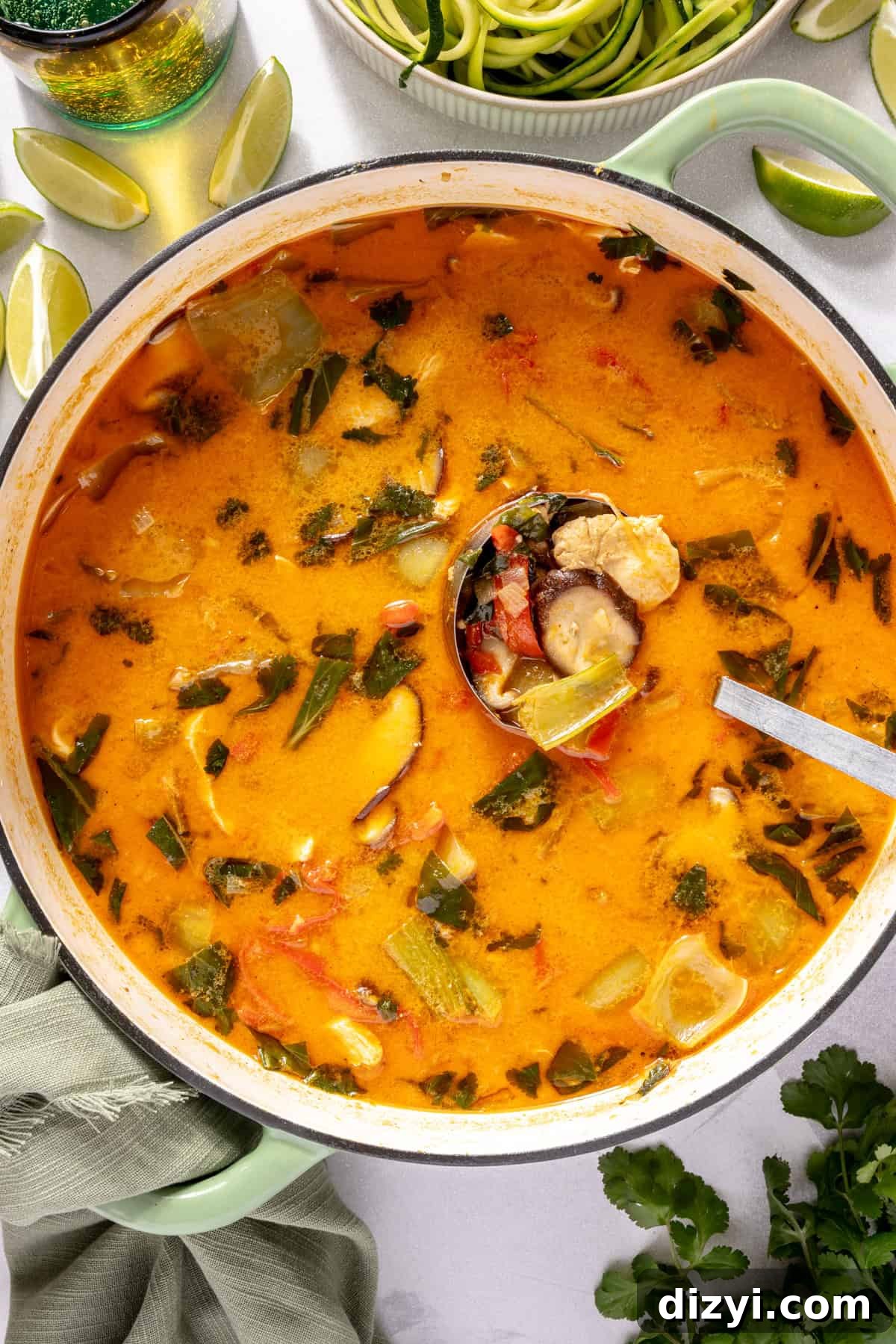 Thai Red Curry Chicken Soup with Zucchini Noodles 5 Thai-Inspired Red Curry Chicken Zoodle Soup in large pot.