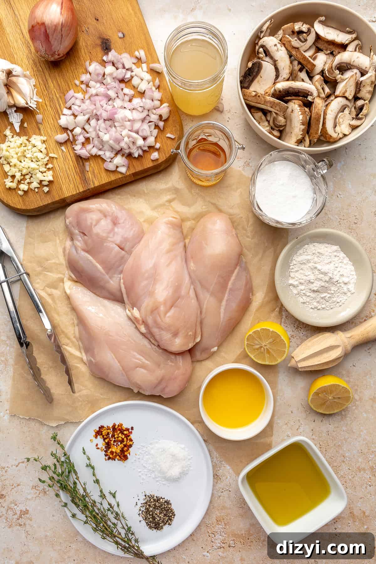 Ingredients for Whole30 Chicken Marsala all laid out on counter.