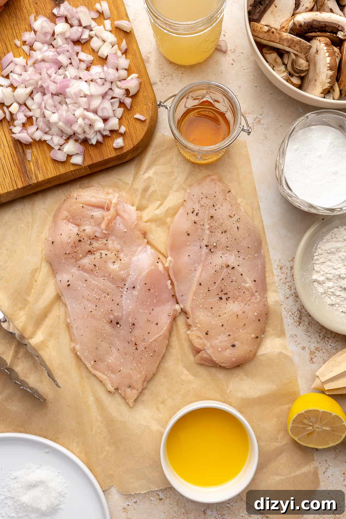 Chicken breasts pounded on parchment paper and seasoned with salt and pepper. Chopped shallot in corner plus other Chicken Marsala ingredients scattered around.