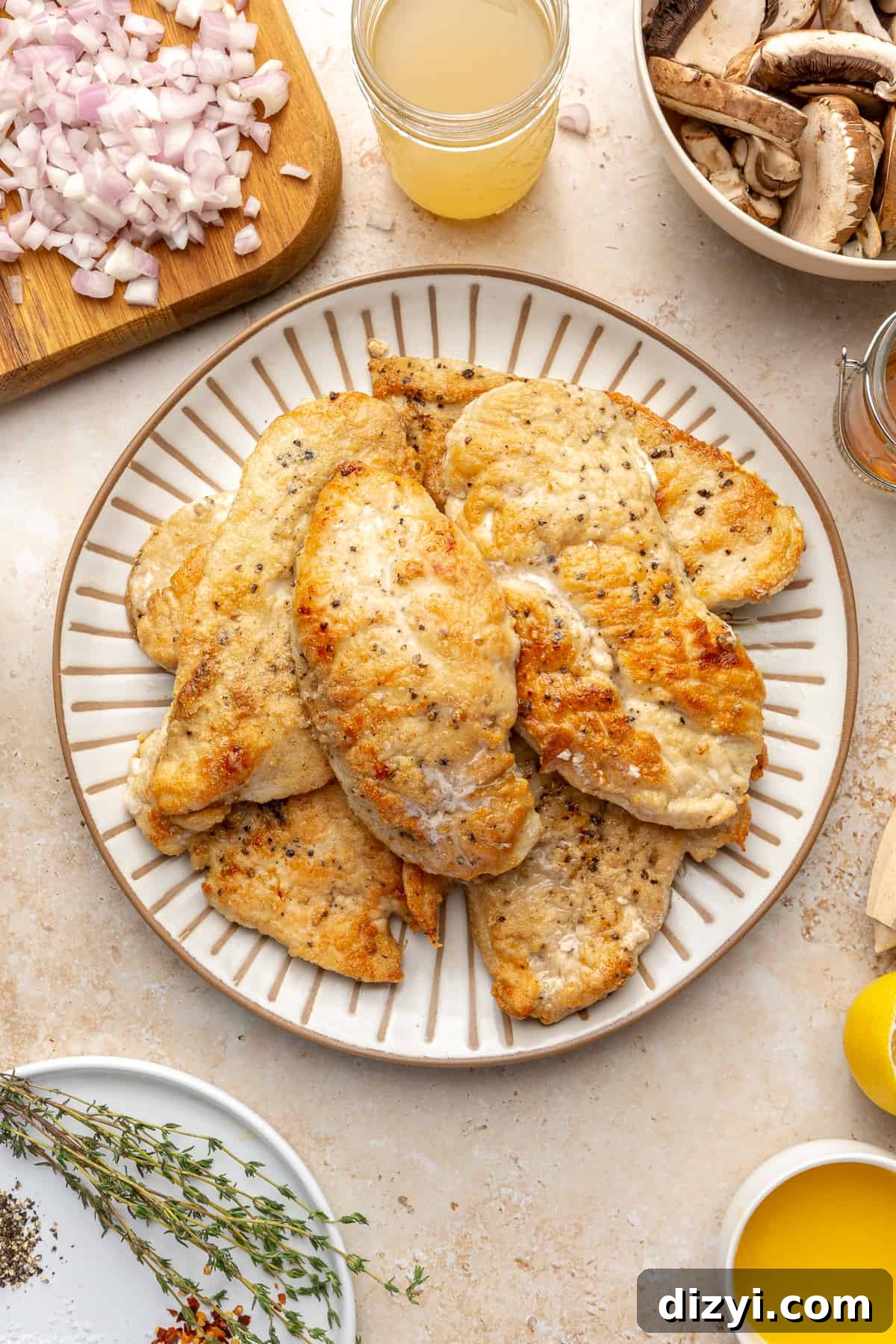 Plate of browned chicken on a white, circle plate. Other marsala ingredients scattered around.