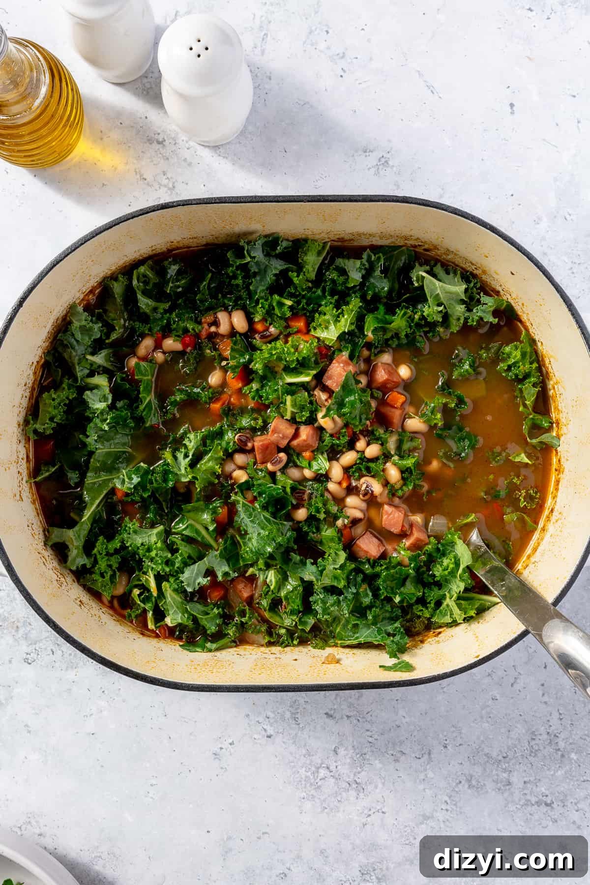Kale in dutch oven with soup base.