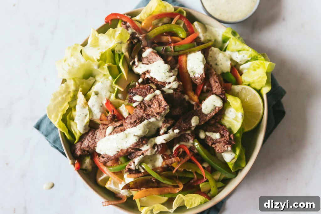 Steak Fajita Salad with Creamy-Cilantro Dressing closeup