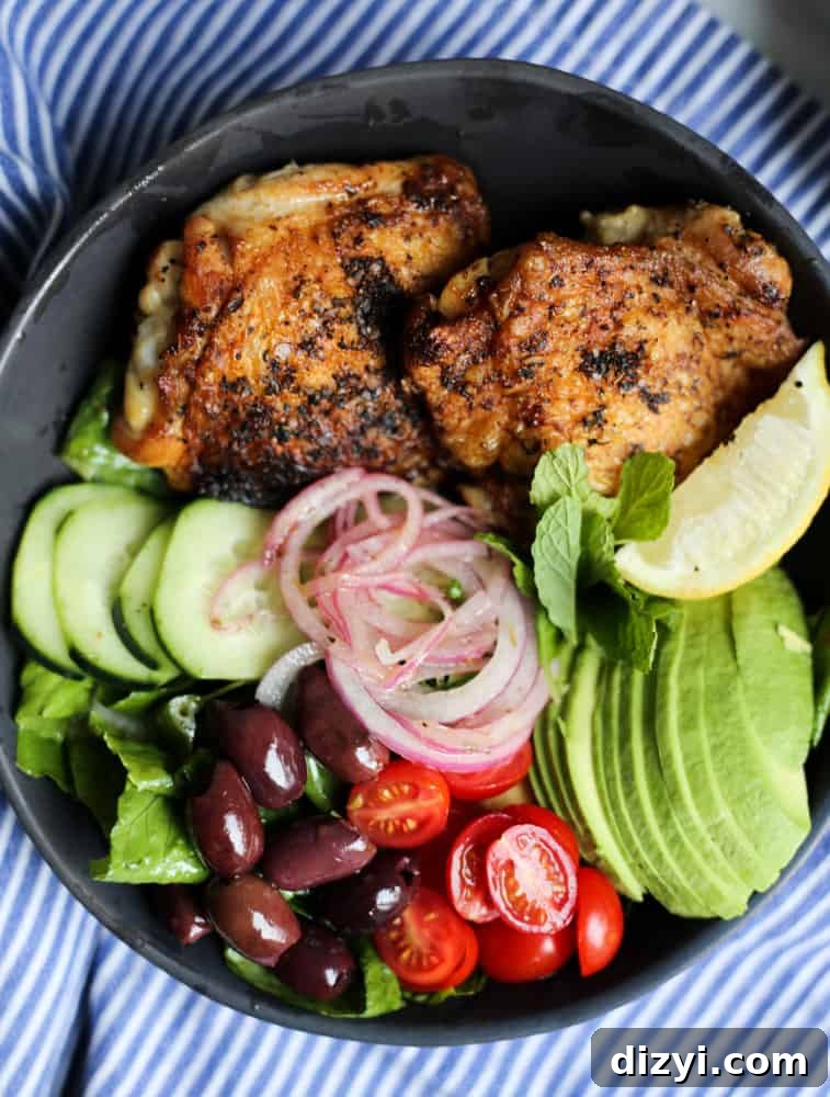 Pan-roasted chicken thighs with Greek salad