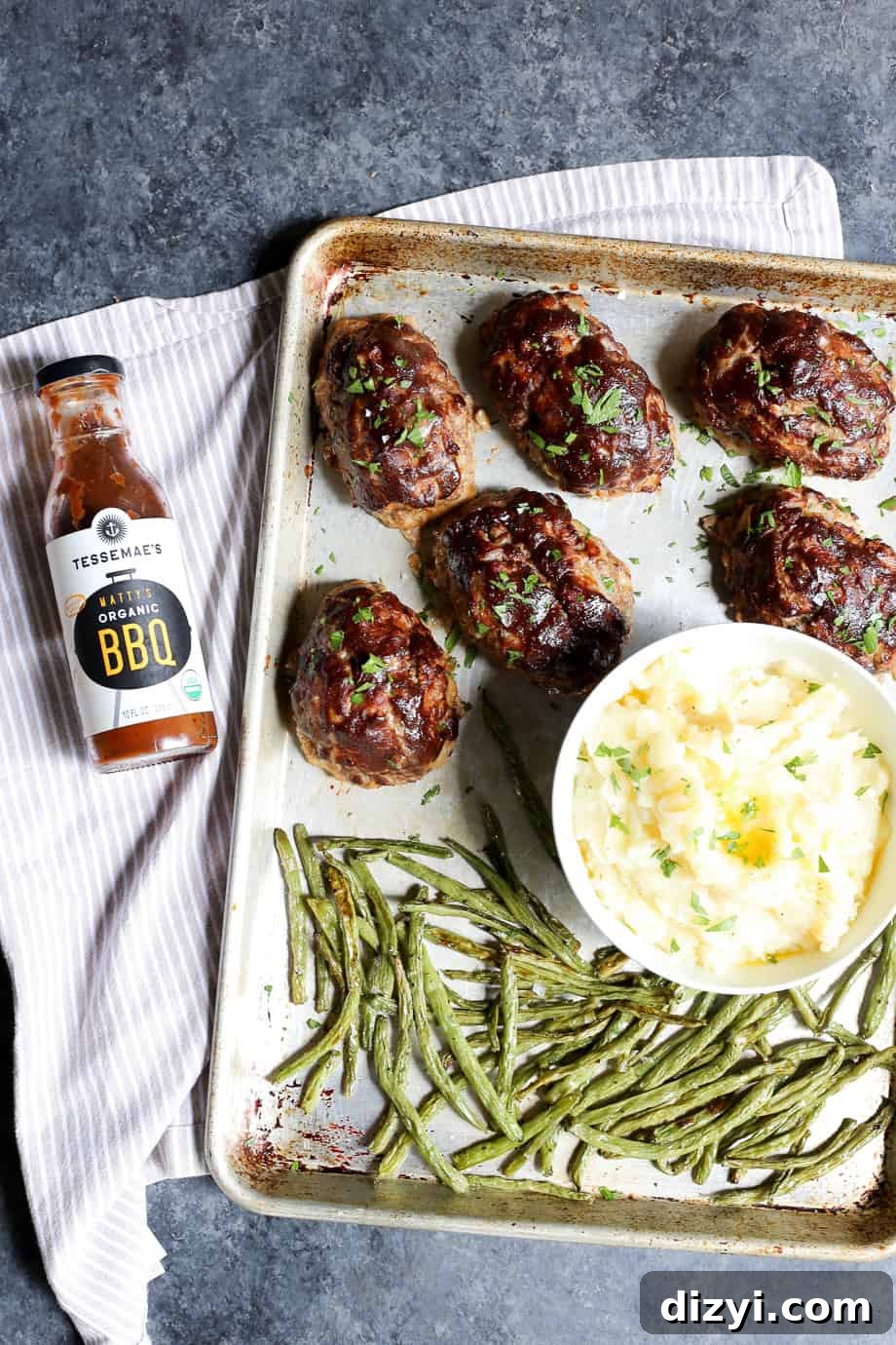 Smoky Mini BBQ Meatloaves with Tangy Glaze 5 Mini BBQ Meatloaves with roasted green beans and mashed potatoes