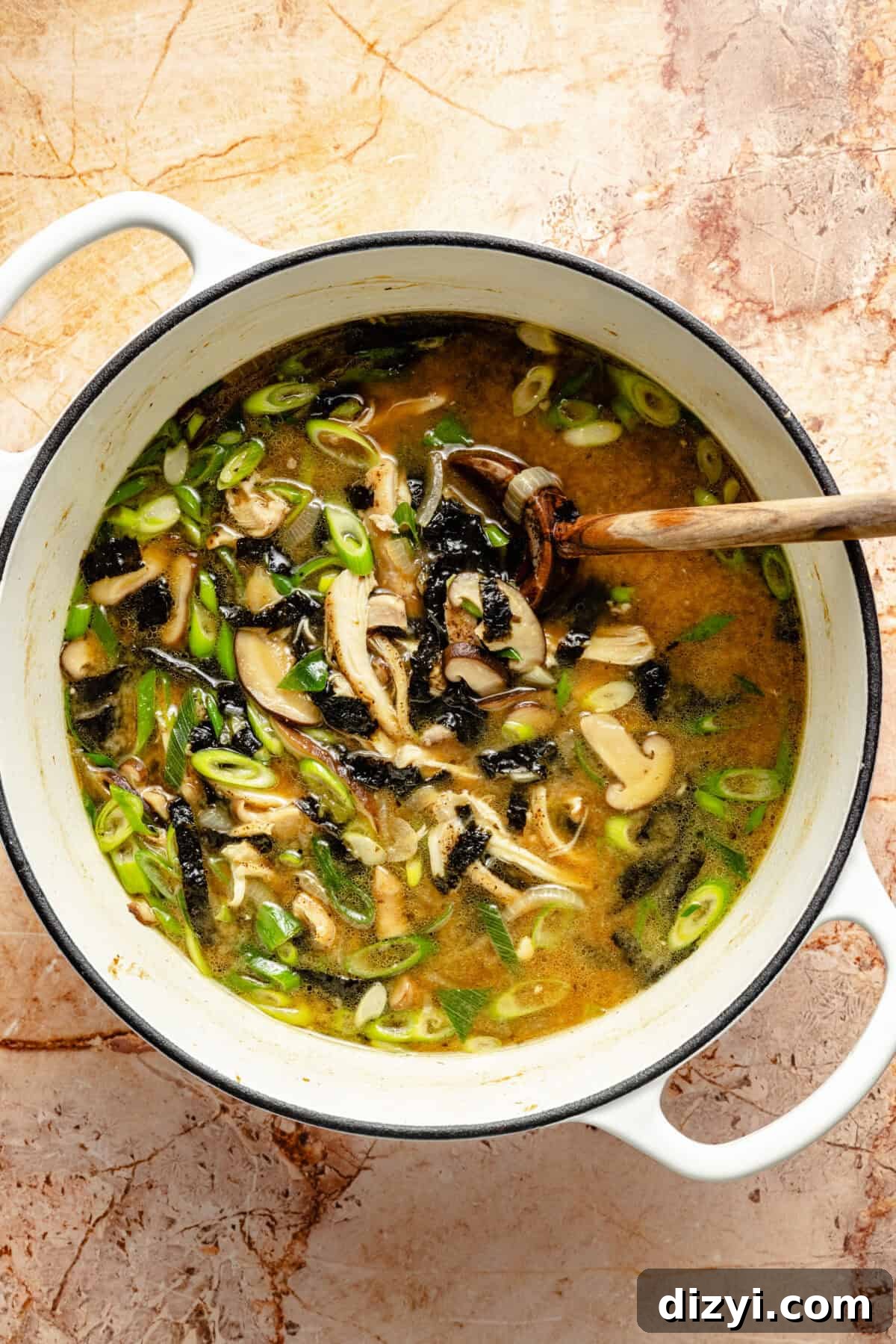 a bowl of miso chicken noodle soup with seaweed and sliced green onions