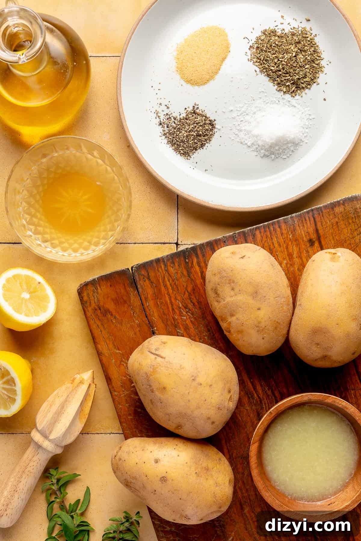 Greek-Style Potatoes ingredients spread out on counter.