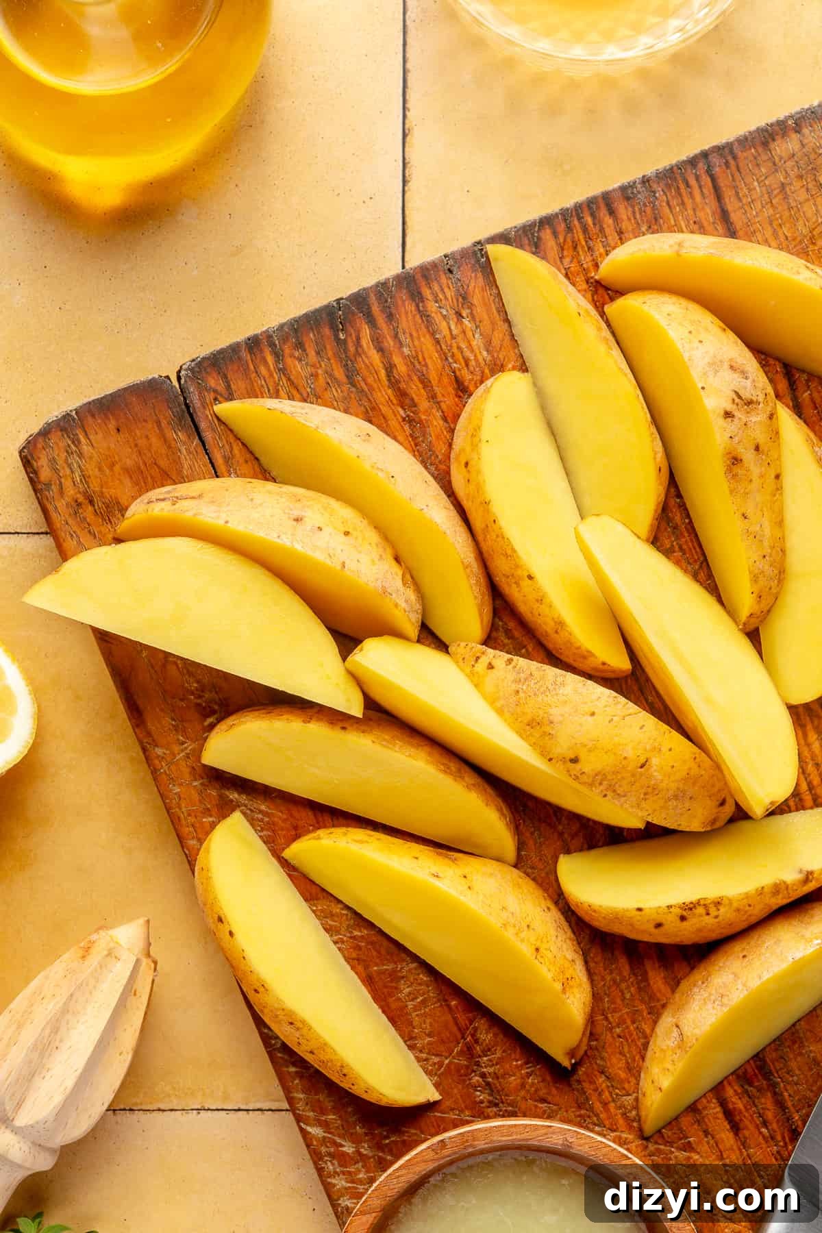 Potatoes cut into thick wedges on wooden cutting board.
